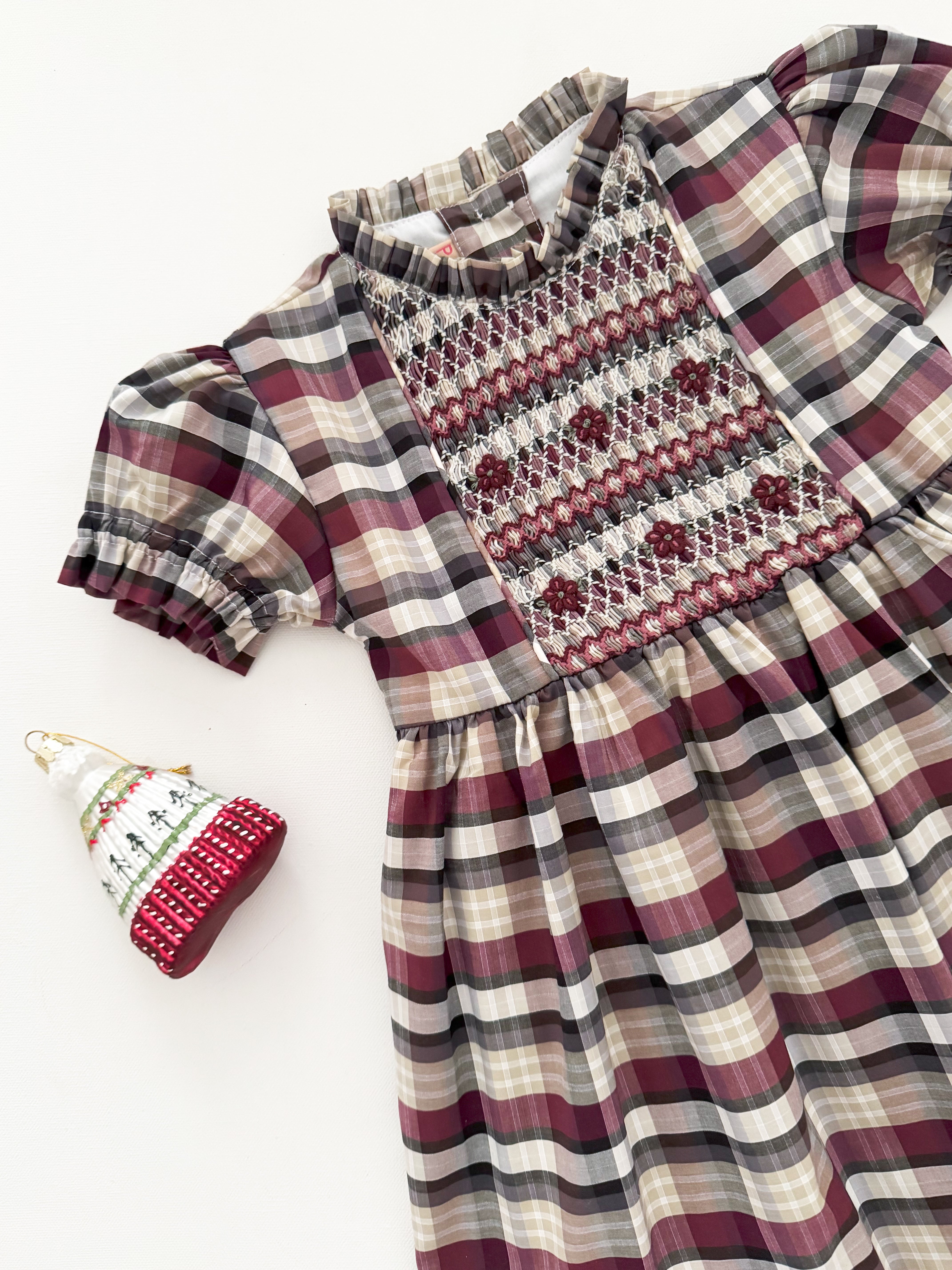 The hand smocked ROMANE dress - Burgundy/Grey