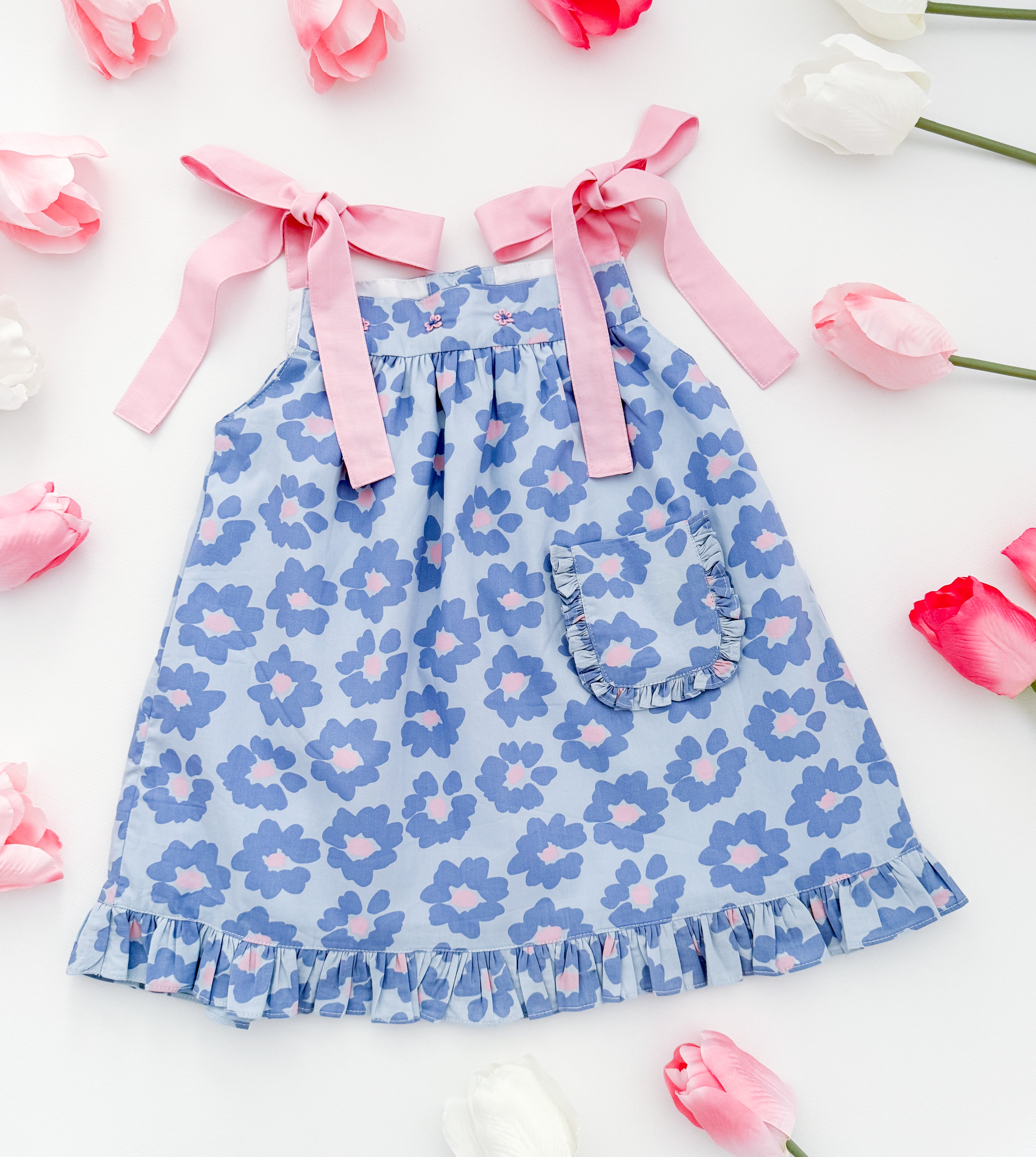 The hand embroidered ORNELLA dress - FLORAL BLUE PINK