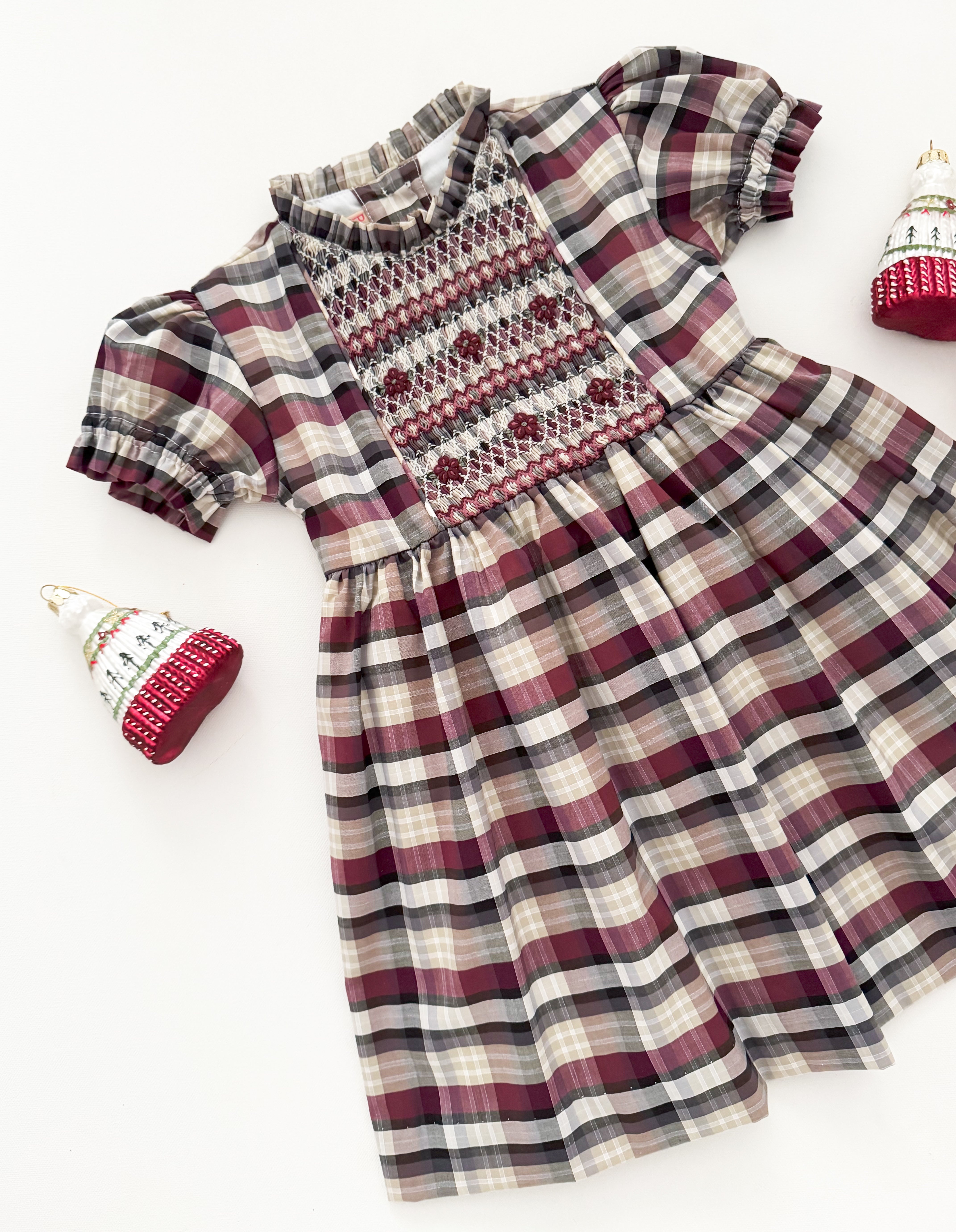 The hand smocked ROMANE dress - Burgundy/Grey