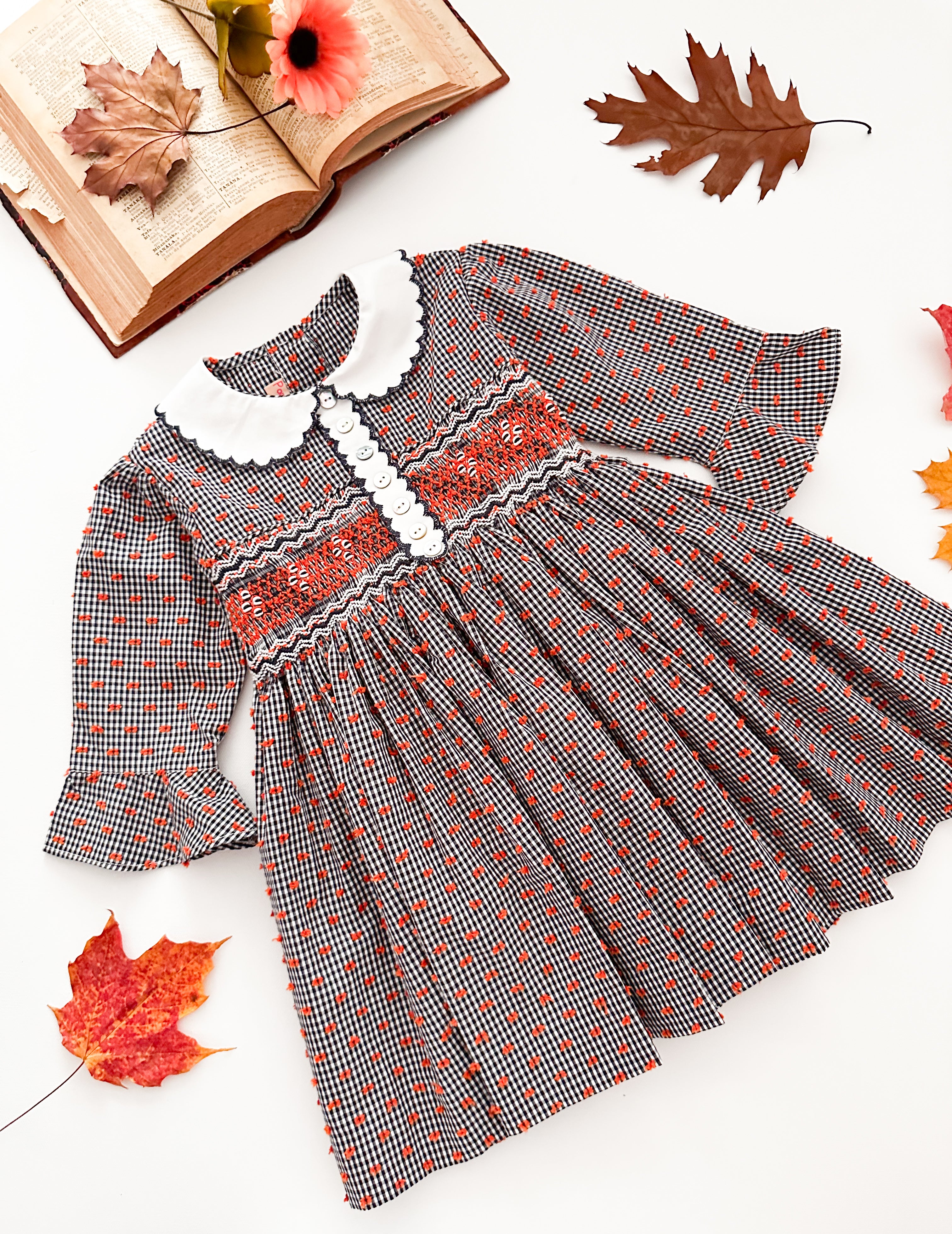 The hand smocked FLORENCE dress - Navy Check, Orange plumetis