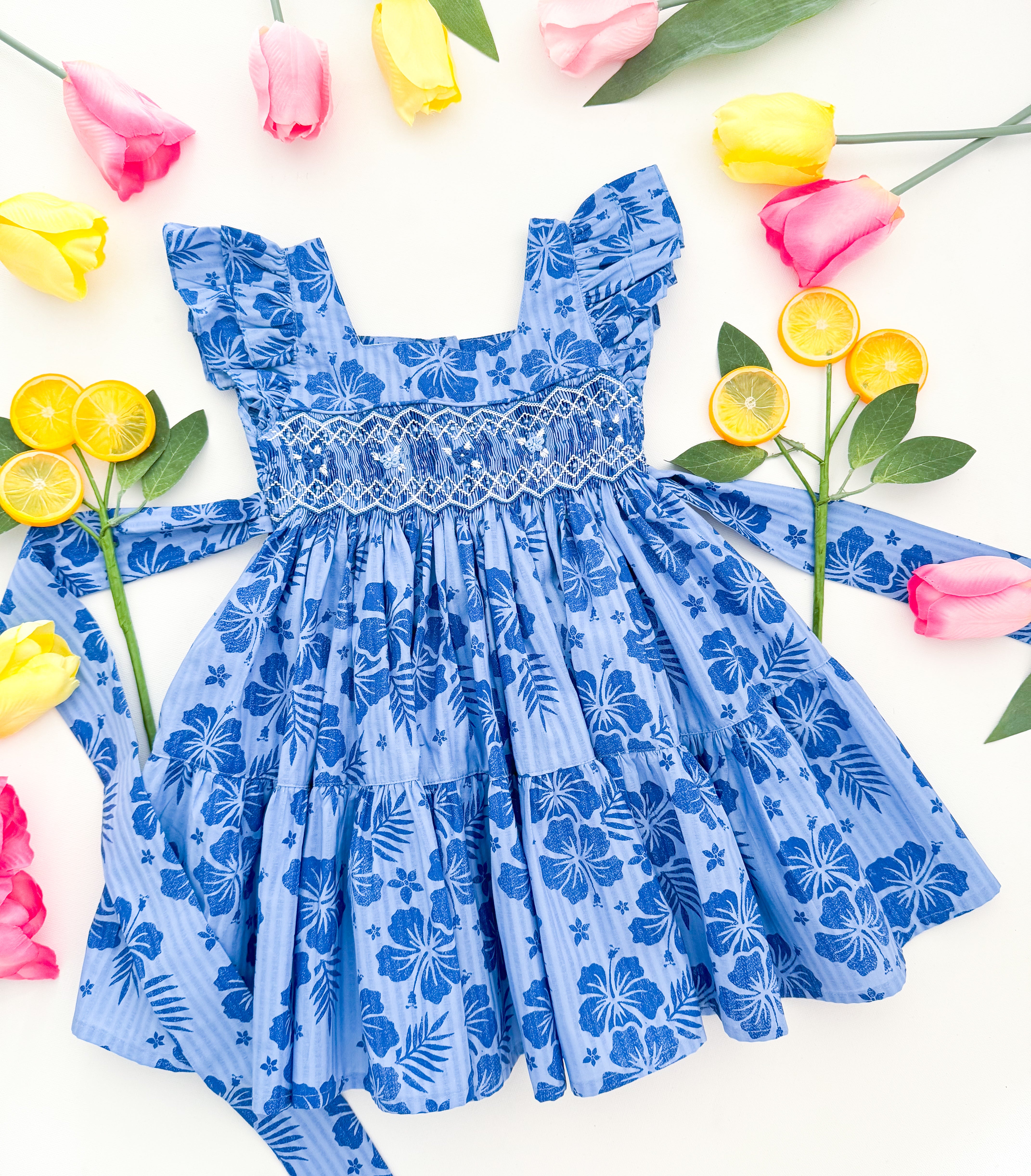 The hand smocked FIONA dress - floral blue