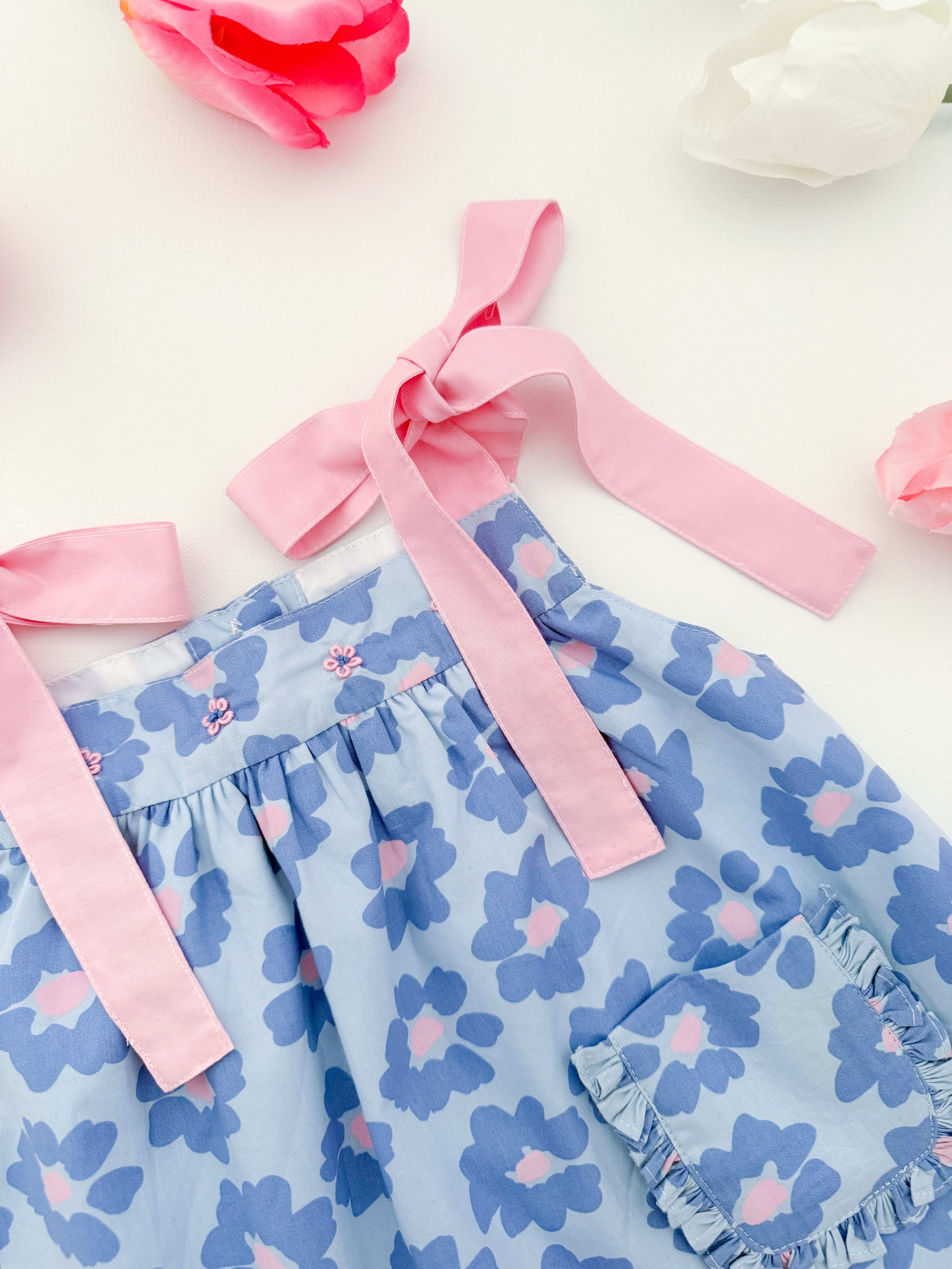 The hand embroidered ORNELLA dress - FLORAL BLUE PINK
