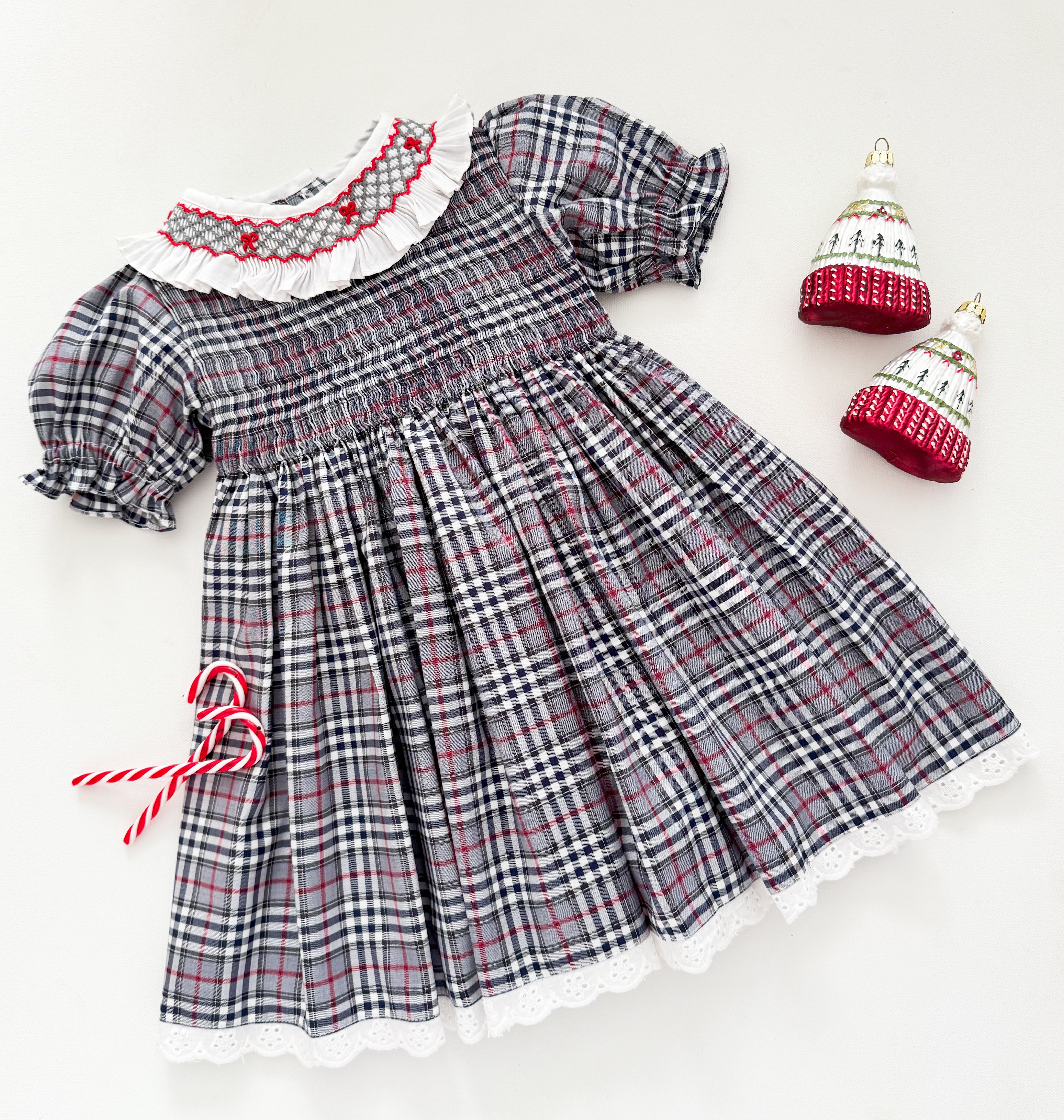 The hand smocked MADELINE dress - Plaid Grey and Red