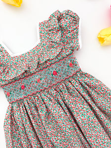 The hand smocked SERENA dress - Floral mint coral