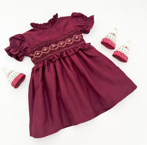 The hand smocked FLORIANE dress - Burgundy