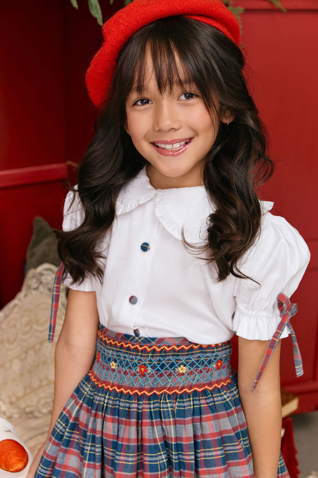 The hand smocked CALISTA set - Tartan Blue red