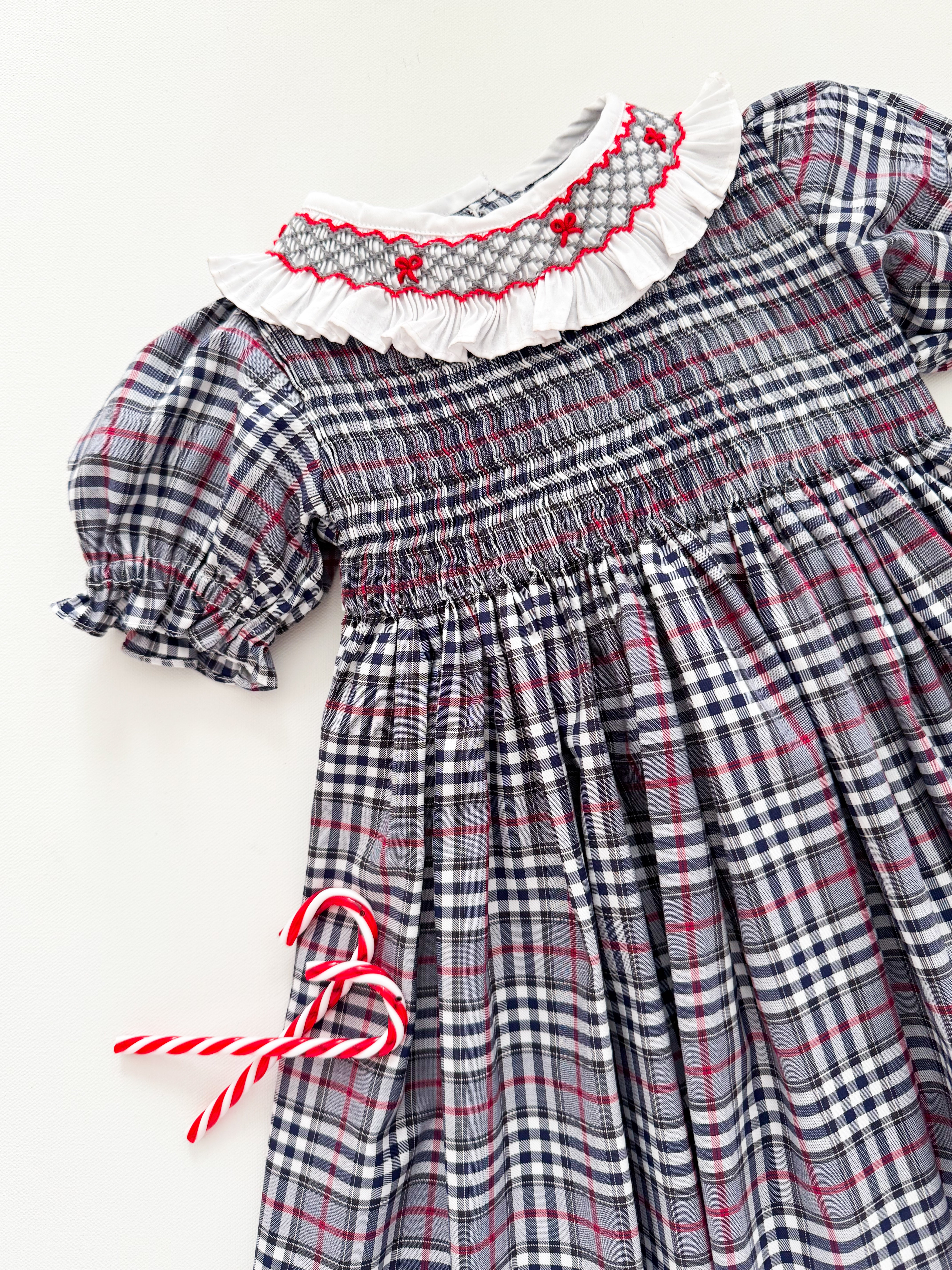 The hand smocked MADELINE dress - Plaid Grey and Red