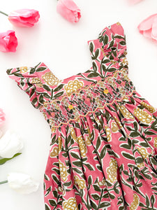 The hand smocked FIONA dress - Floral Pink Yellow