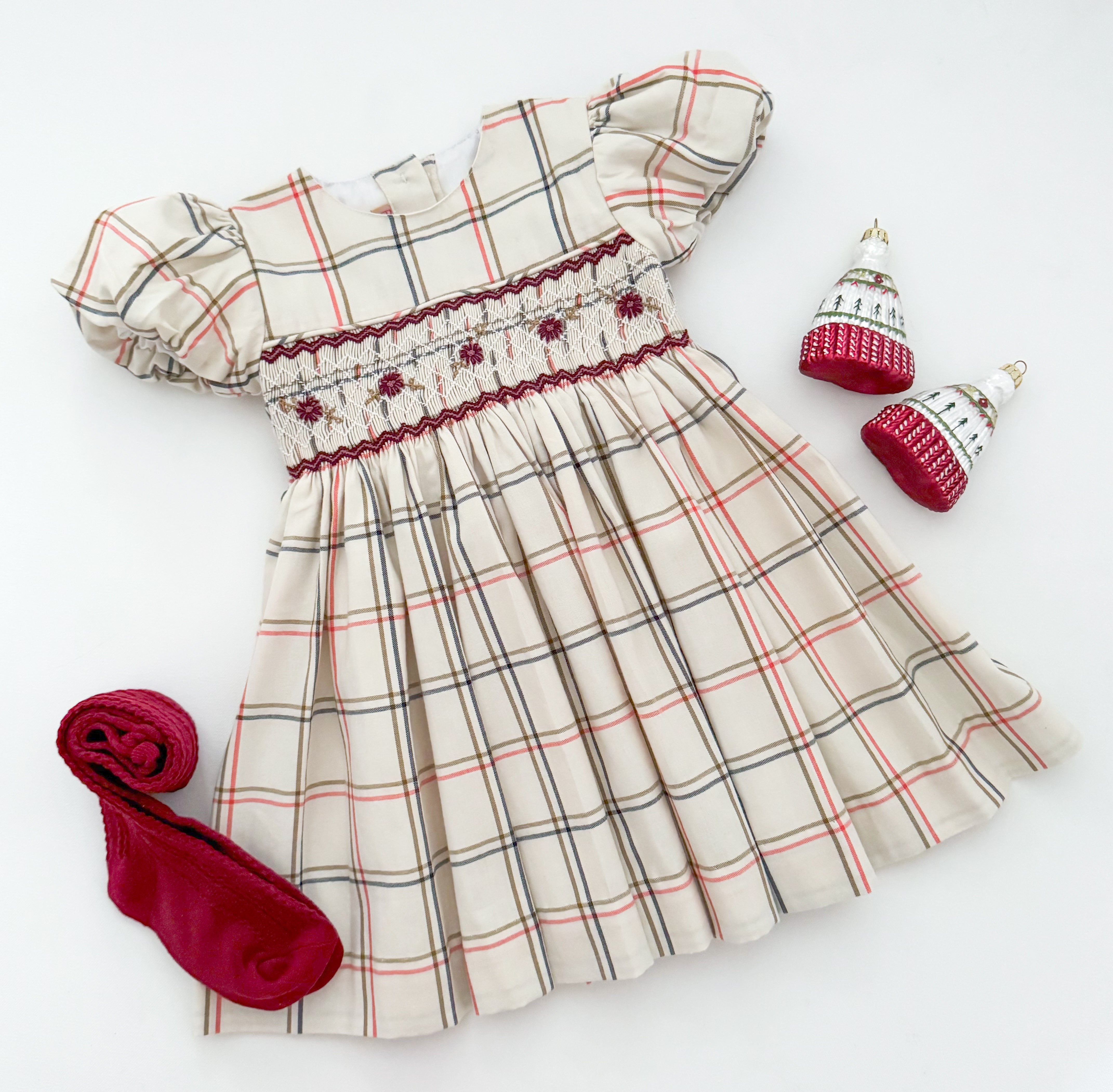 The hand smocked BELLA dress - Ivory/burgundy