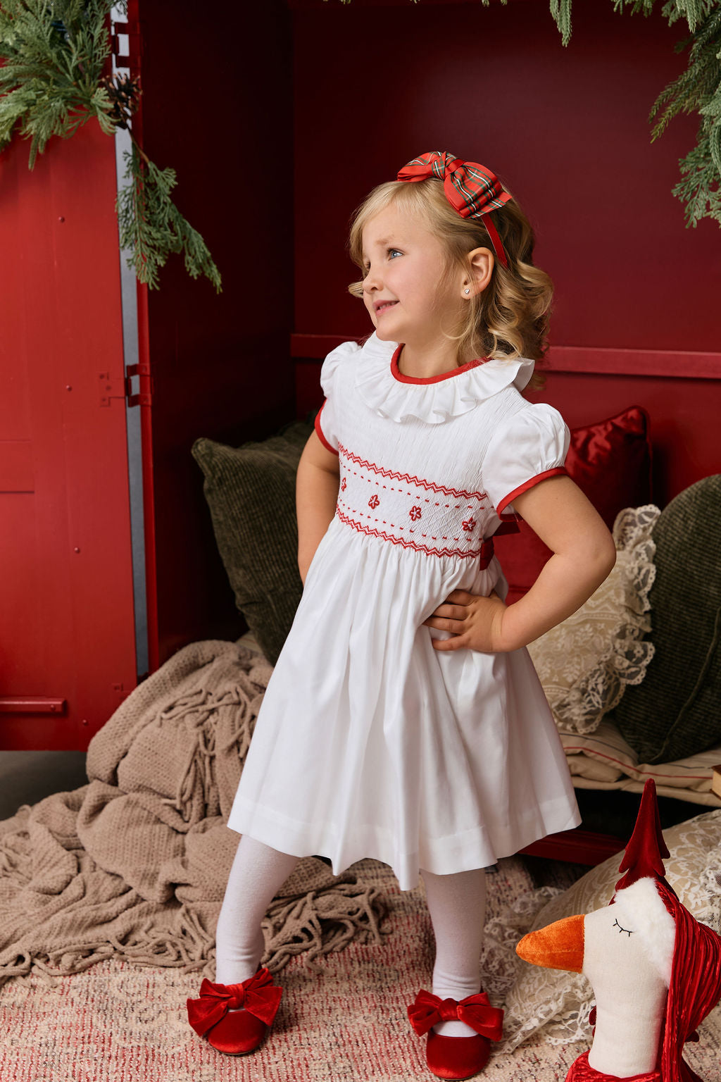 The hand smocked BENEDICTE dress - in white and red