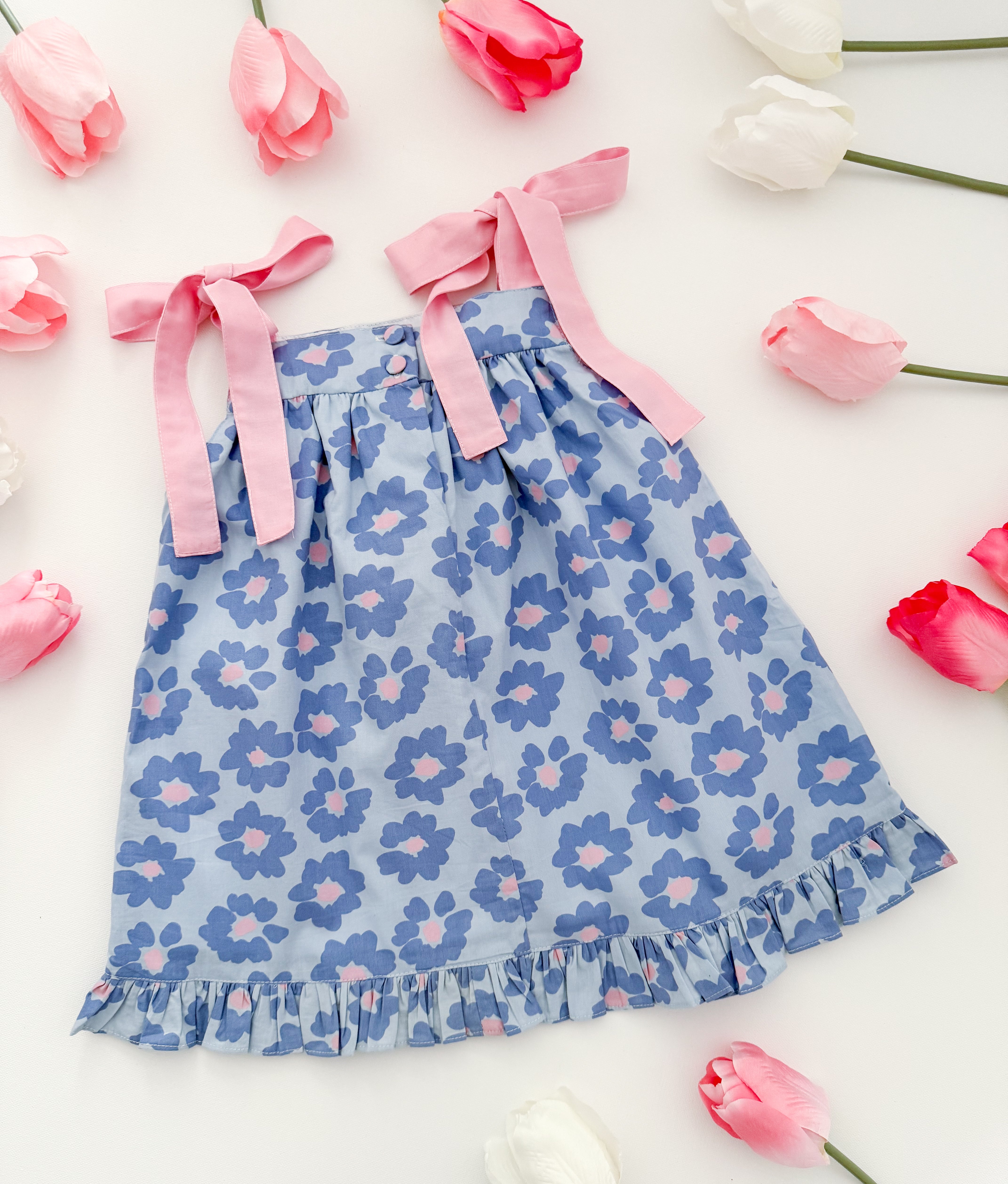 The hand embroidered ORNELLA dress - FLORAL BLUE PINK