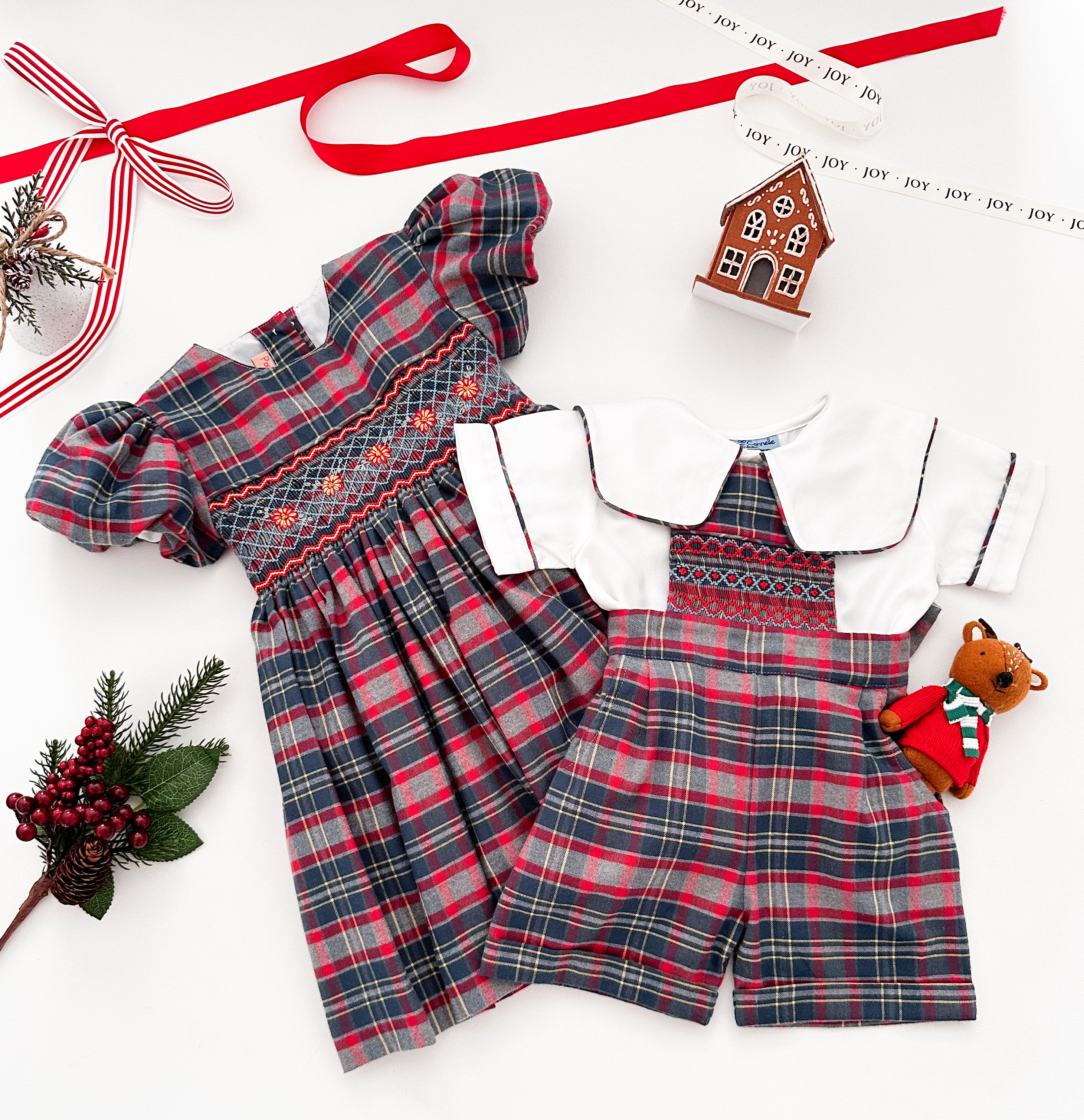 The hand smocked JOSEPH - Tartan blue red