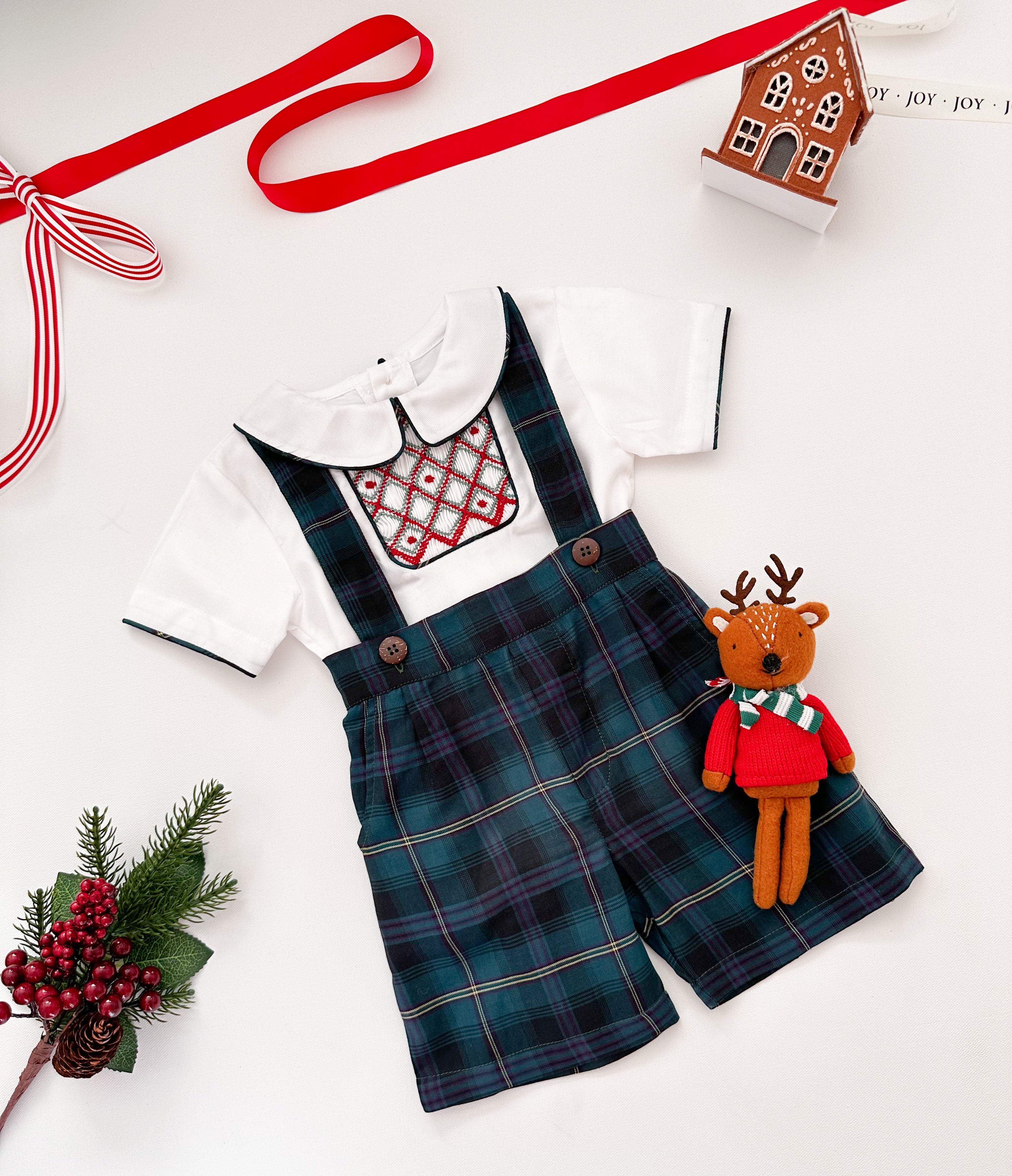 The hand smocked MILAN set - Tartan green