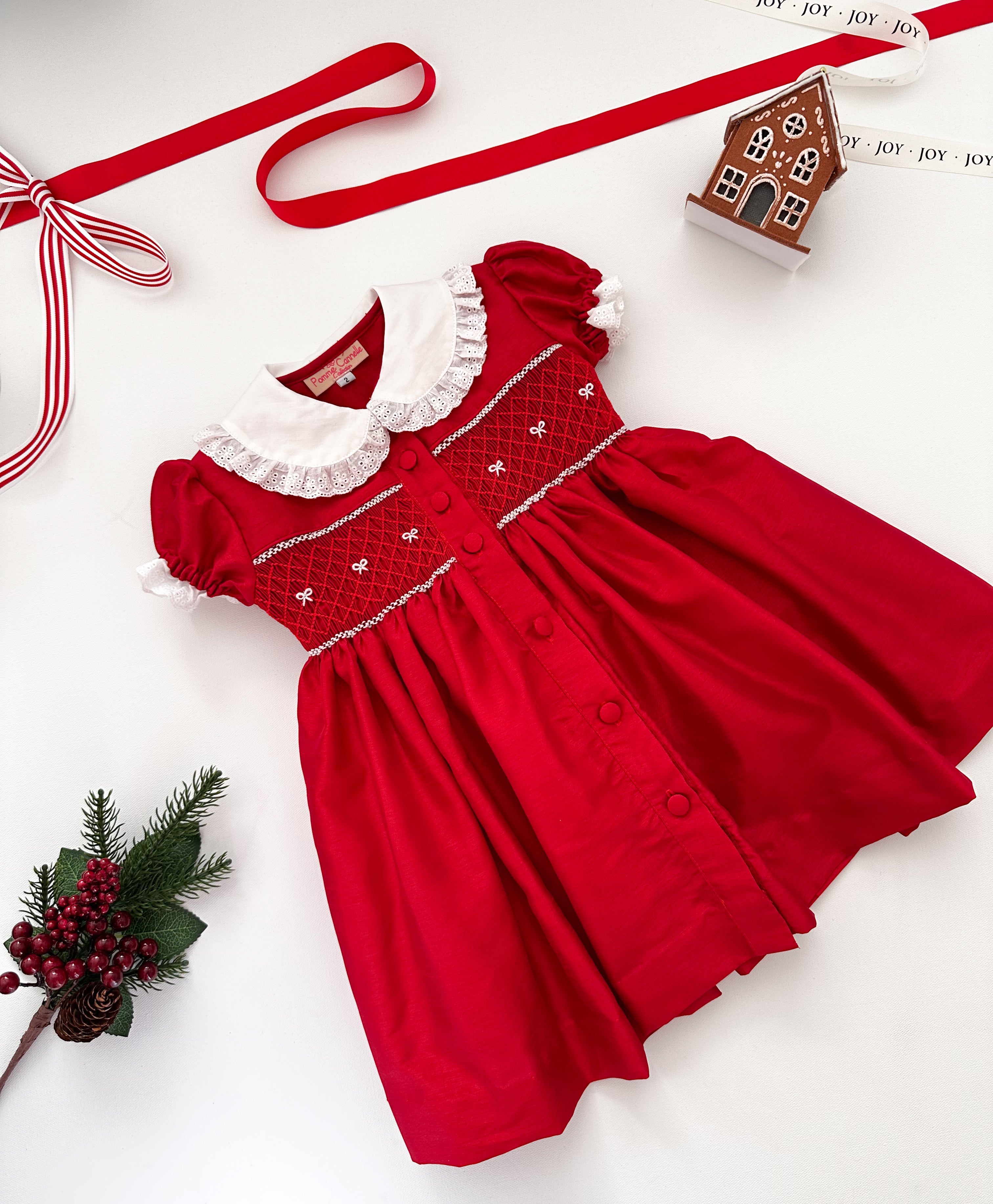 The hand smocked MATHILDE dress - Red Silk