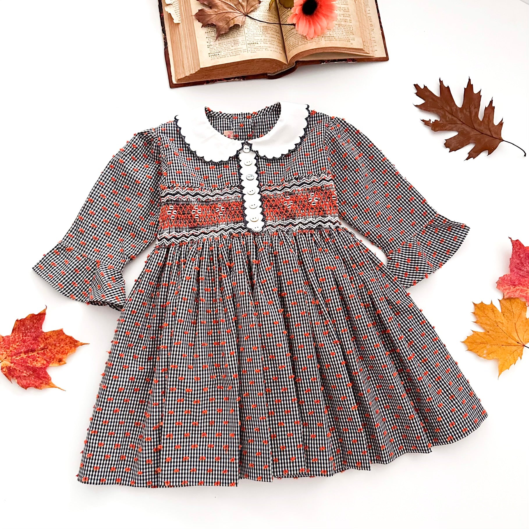 The hand smocked FLORENCE dress - Navy Check, Orange plumetis