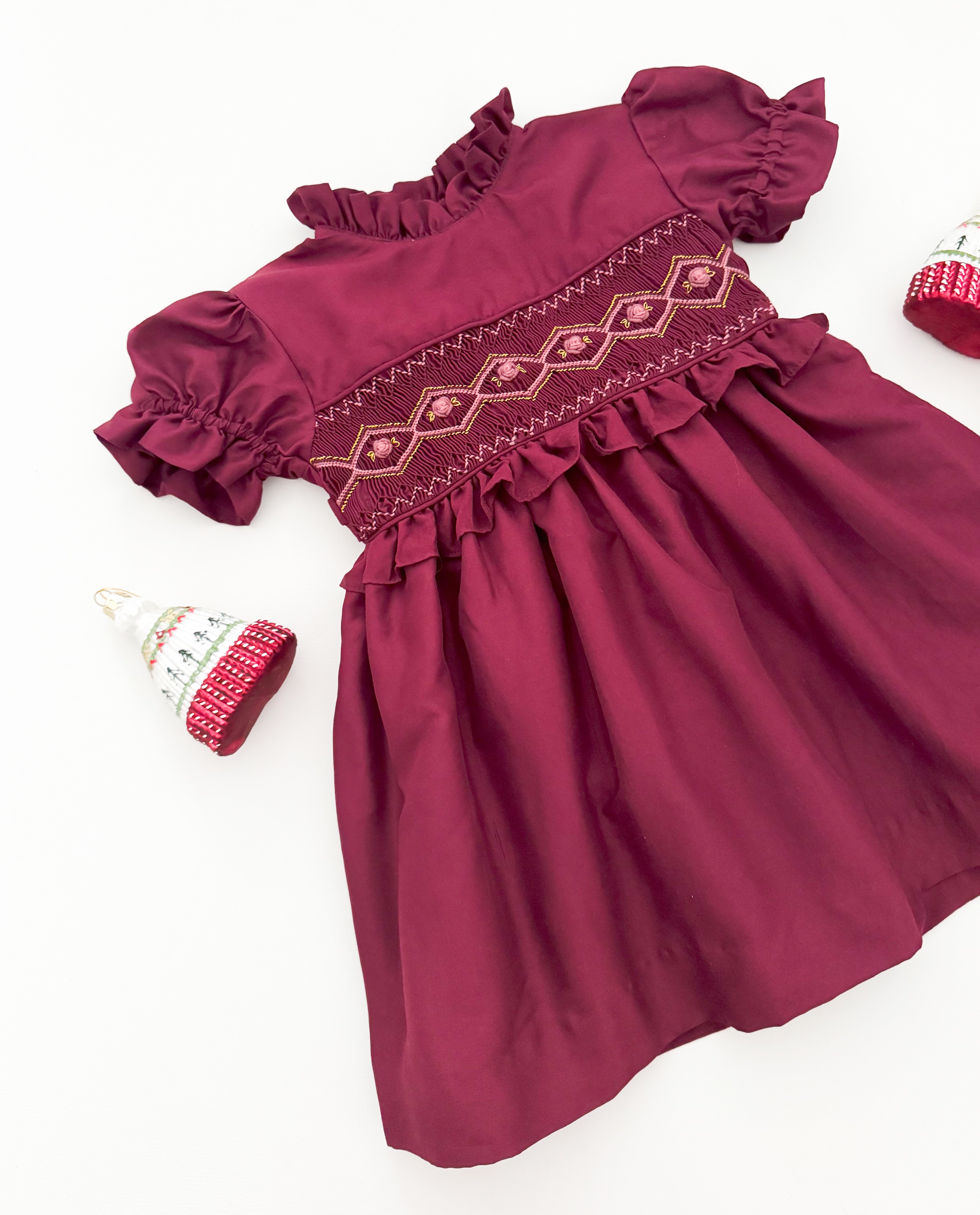 The hand smocked FLORIANE dress - Burgundy