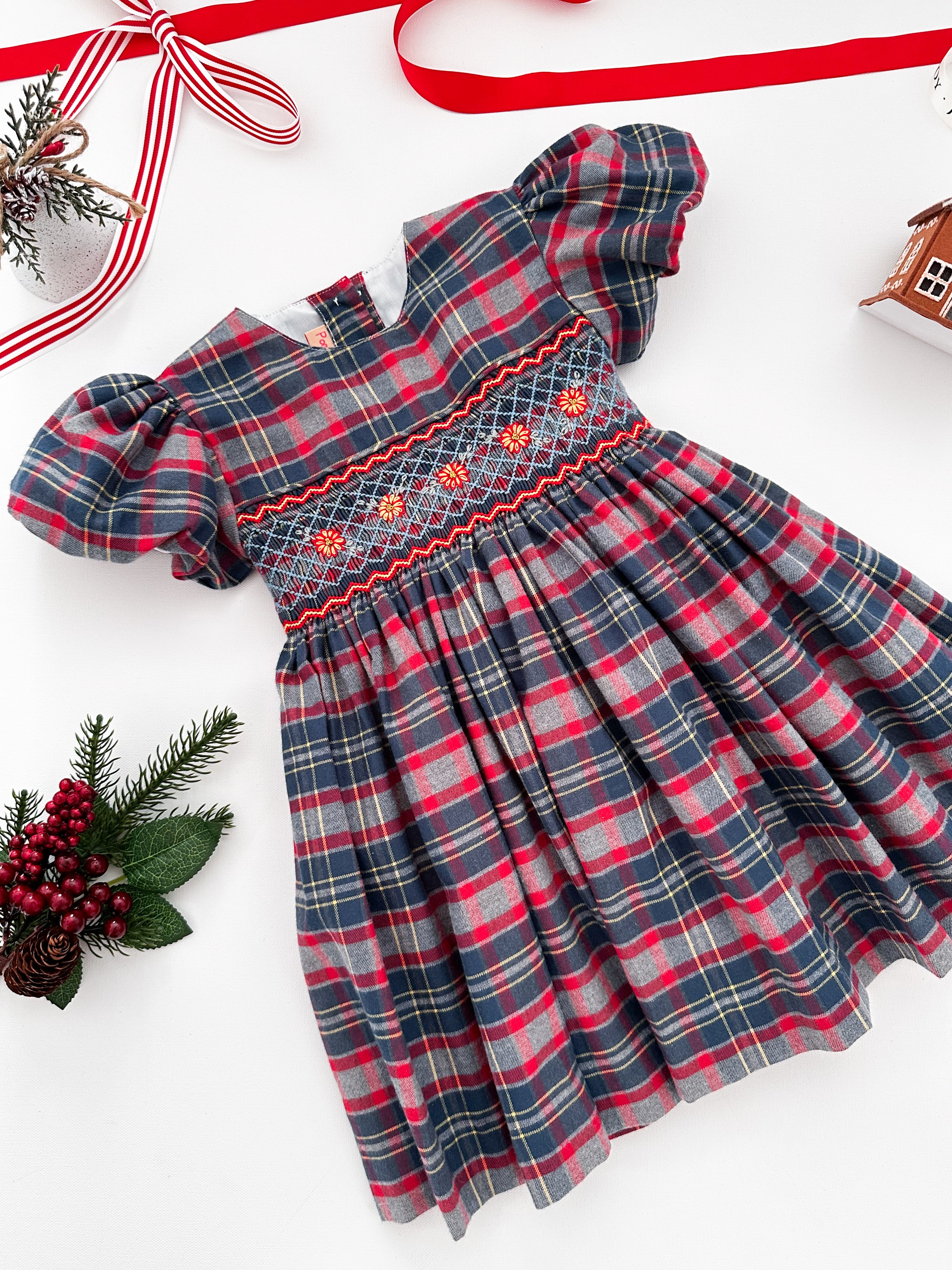 The hand smocked BELLA dress - Tartan blue red