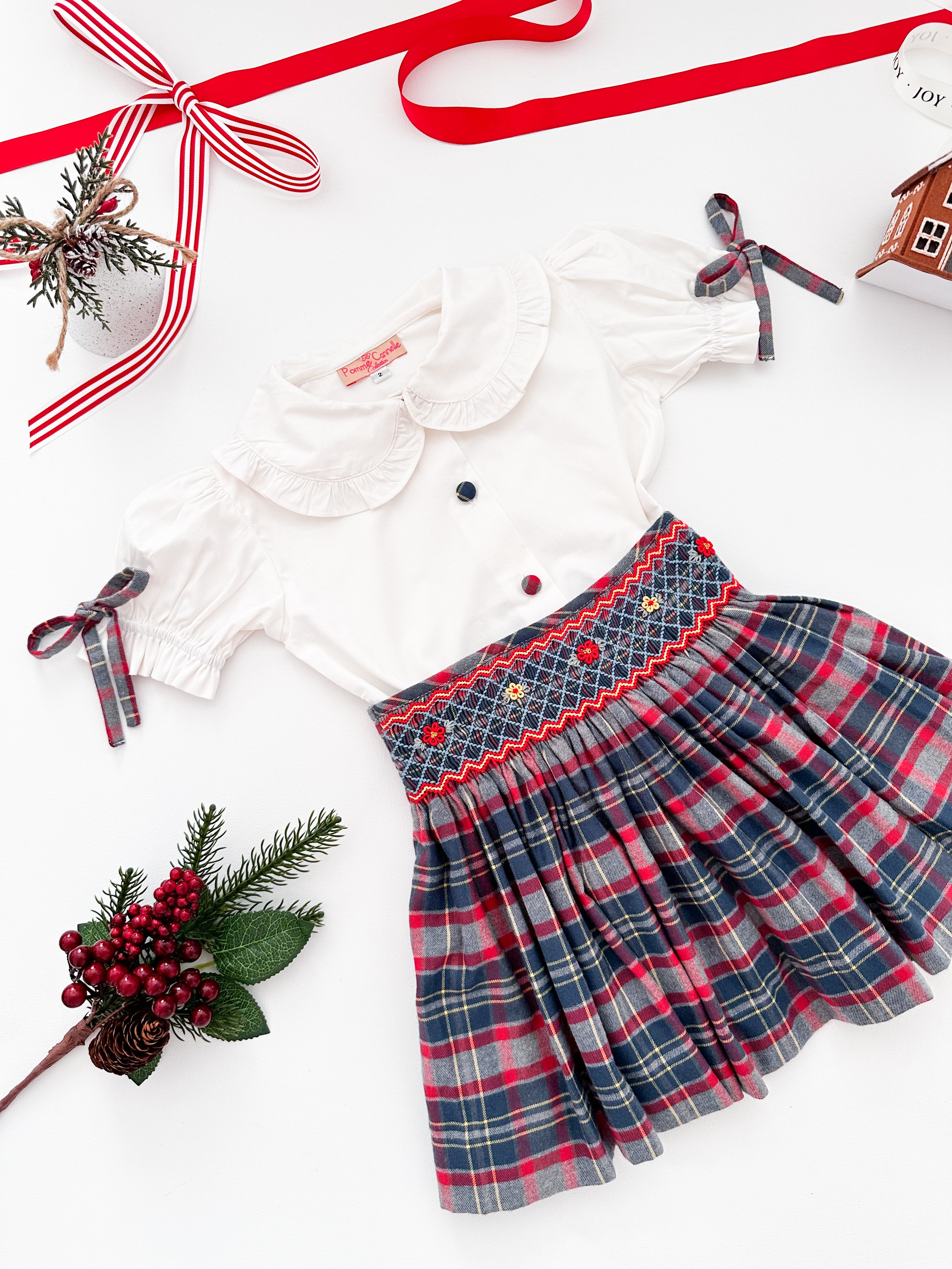 The hand smocked CALISTA set - Tartan Blue red
