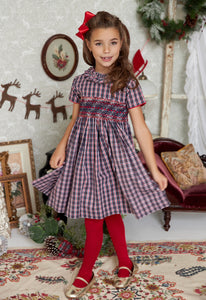 The hand smocked AMANDA dress - Tartan Navy and red