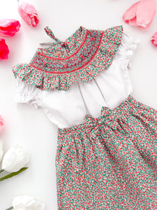 The hand smocked EMMY set - Floral coral mint