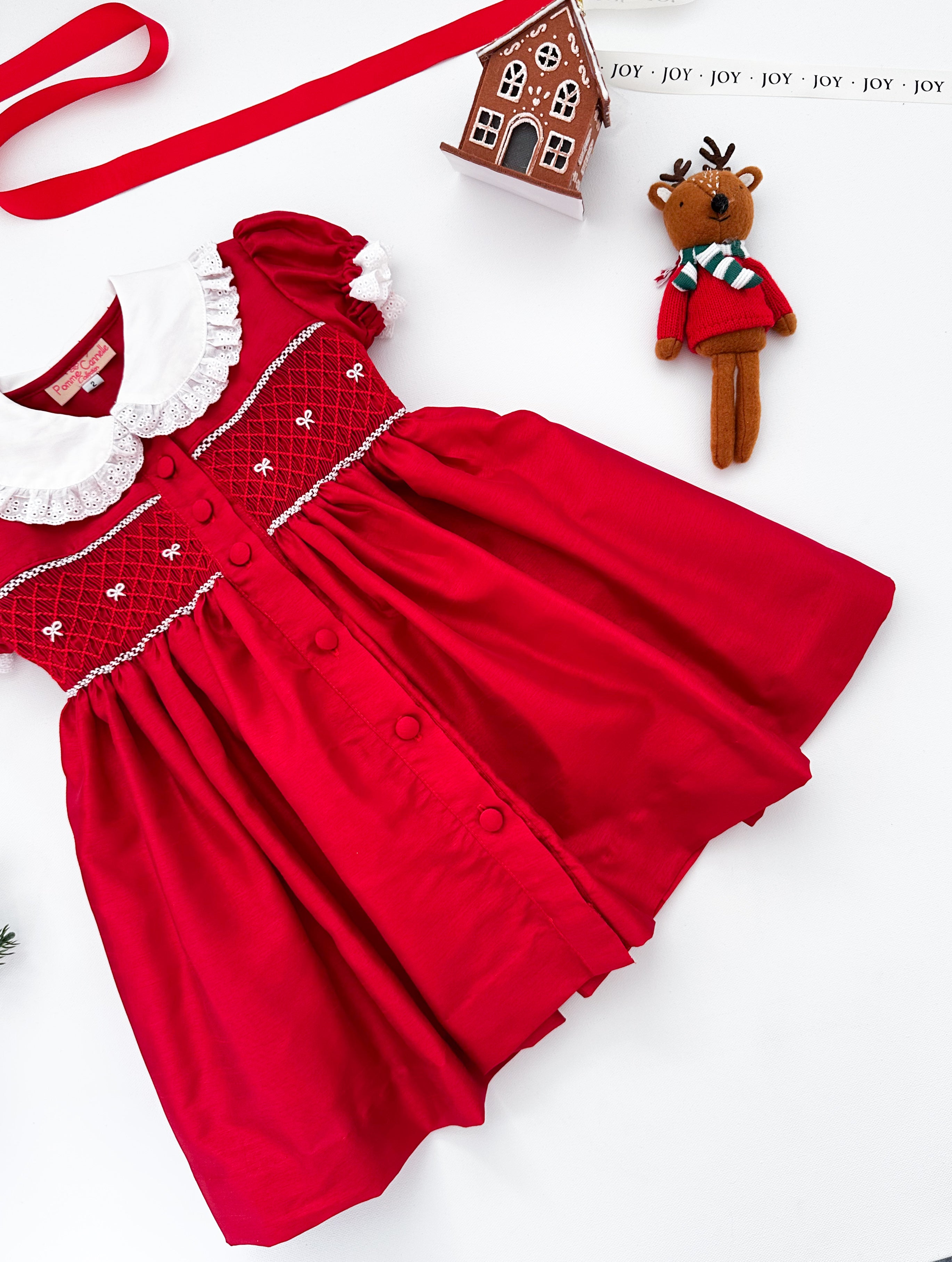 The hand smocked MATHILDE dress - Red Silk