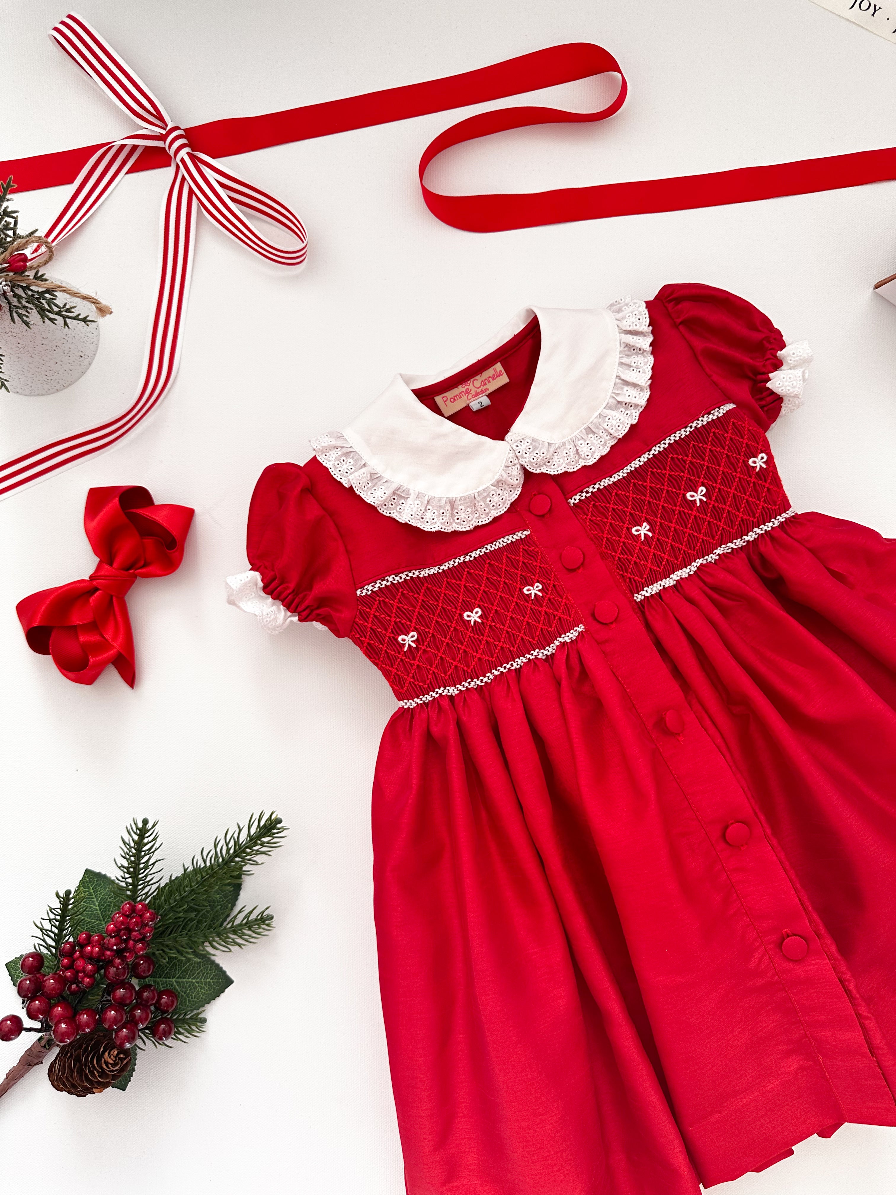 The hand smocked MATHILDE dress - Red Silk