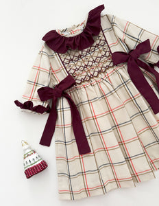 The hand smocked SERAPHINA dress - Ivory/Burgundy