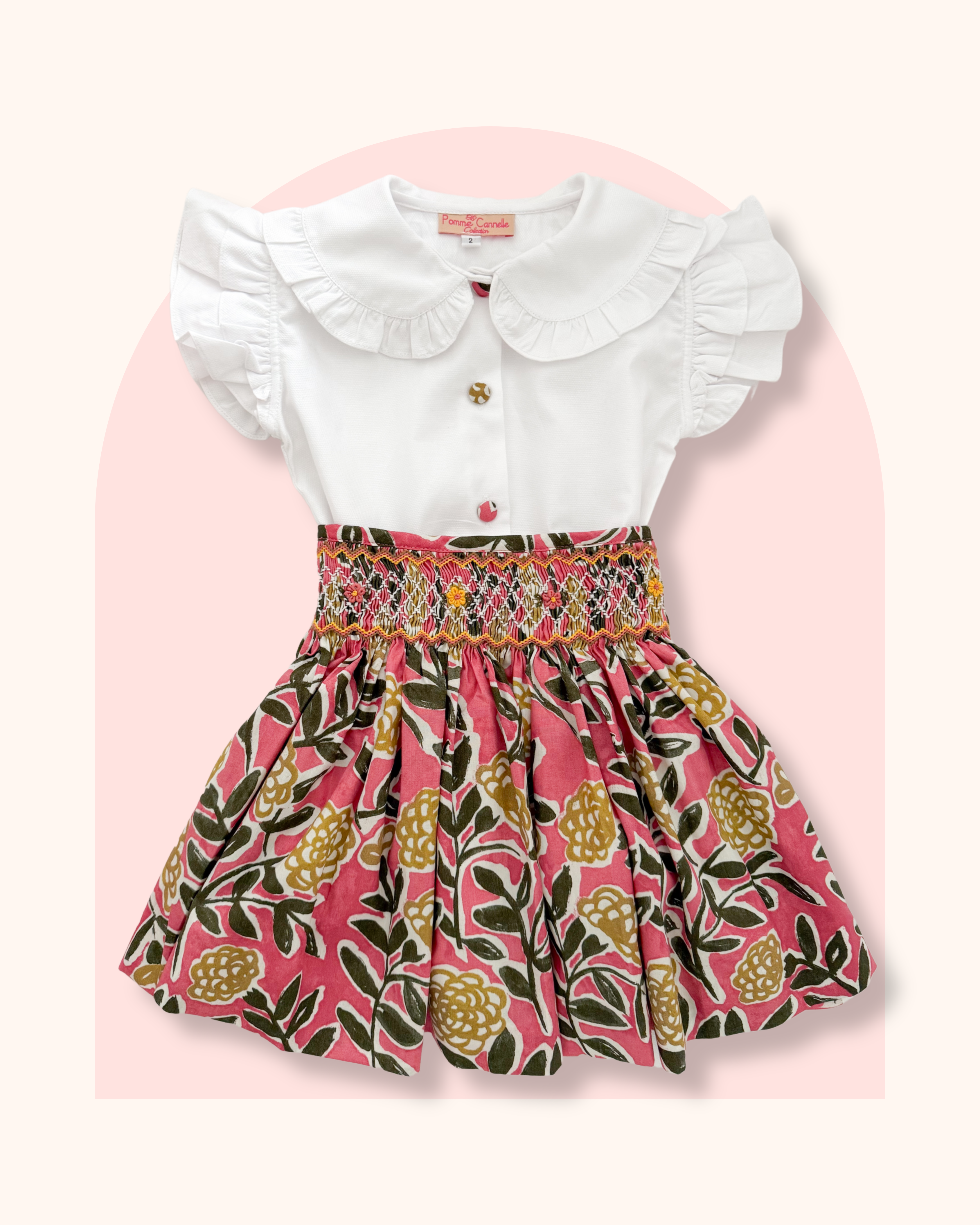 The hand smocked CALISTA set - Floral pink yellow