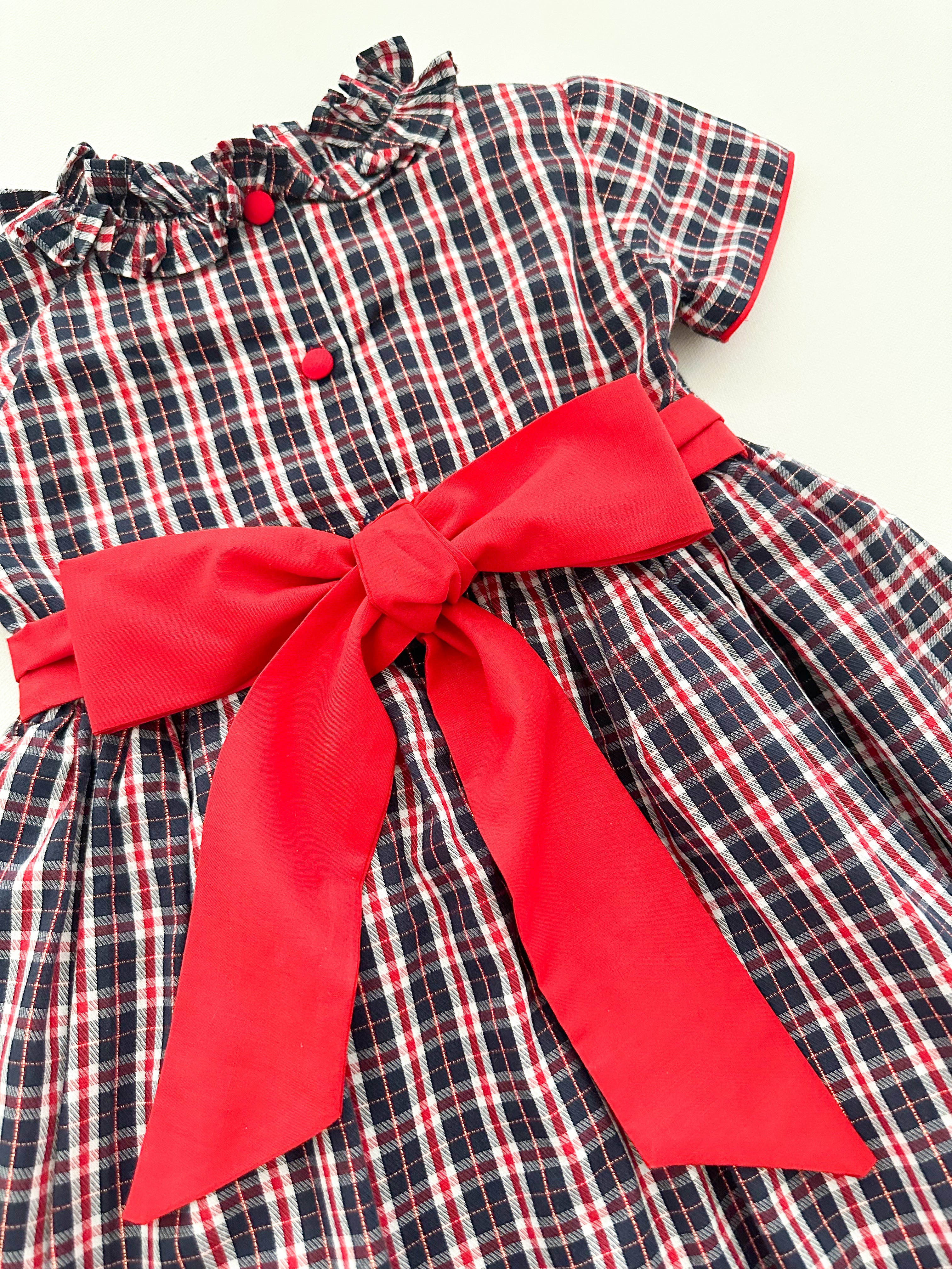 The hand smocked AMANDA dress - Tartan Navy and red