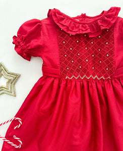 *SECONDS SALE** The hand smocked THERESA dress - Red in 100% SILK (Holidays Edition)