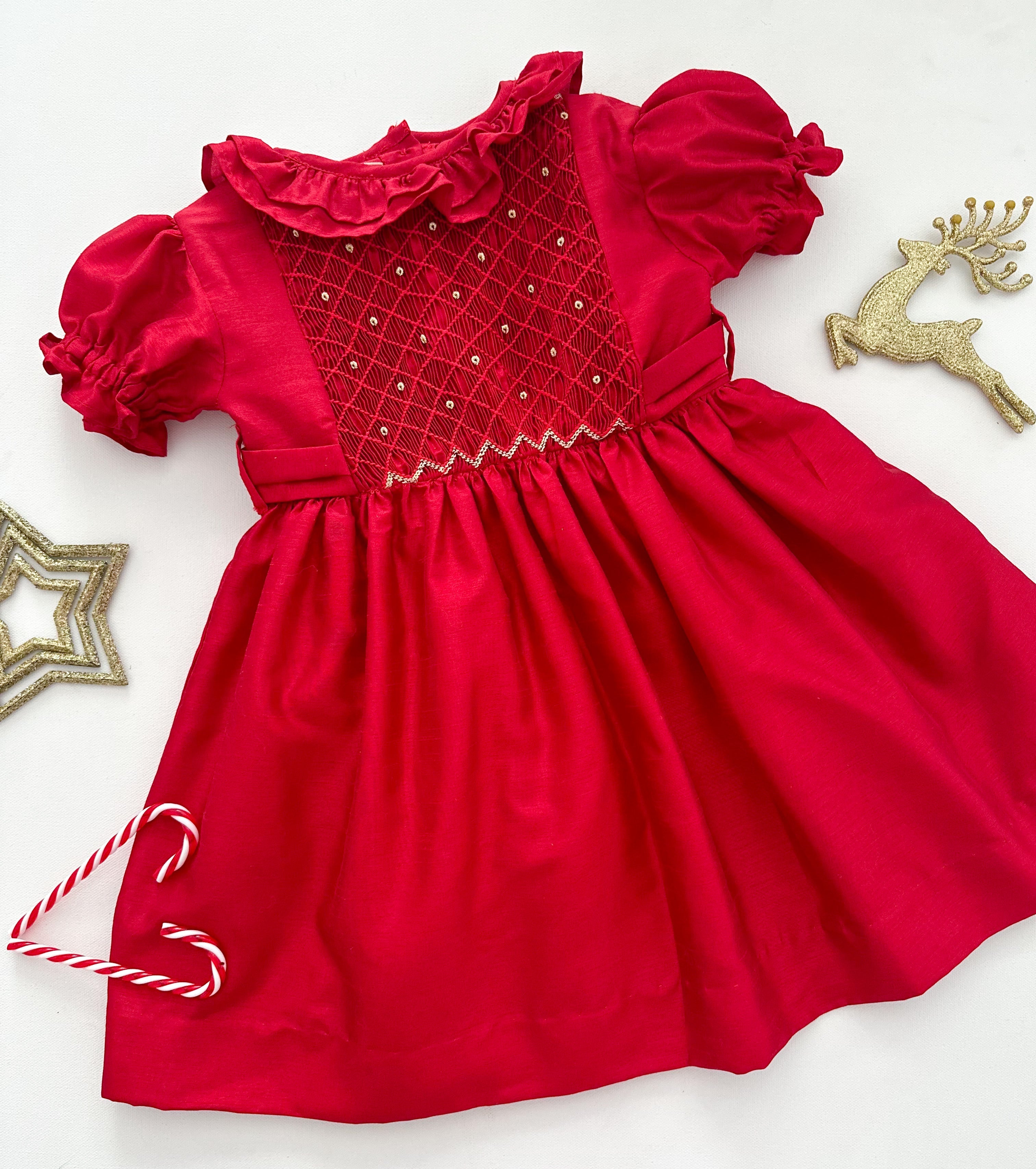 *SECONDS SALE** The hand smocked THERESA dress - Red in 100% SILK (Holidays Edition)