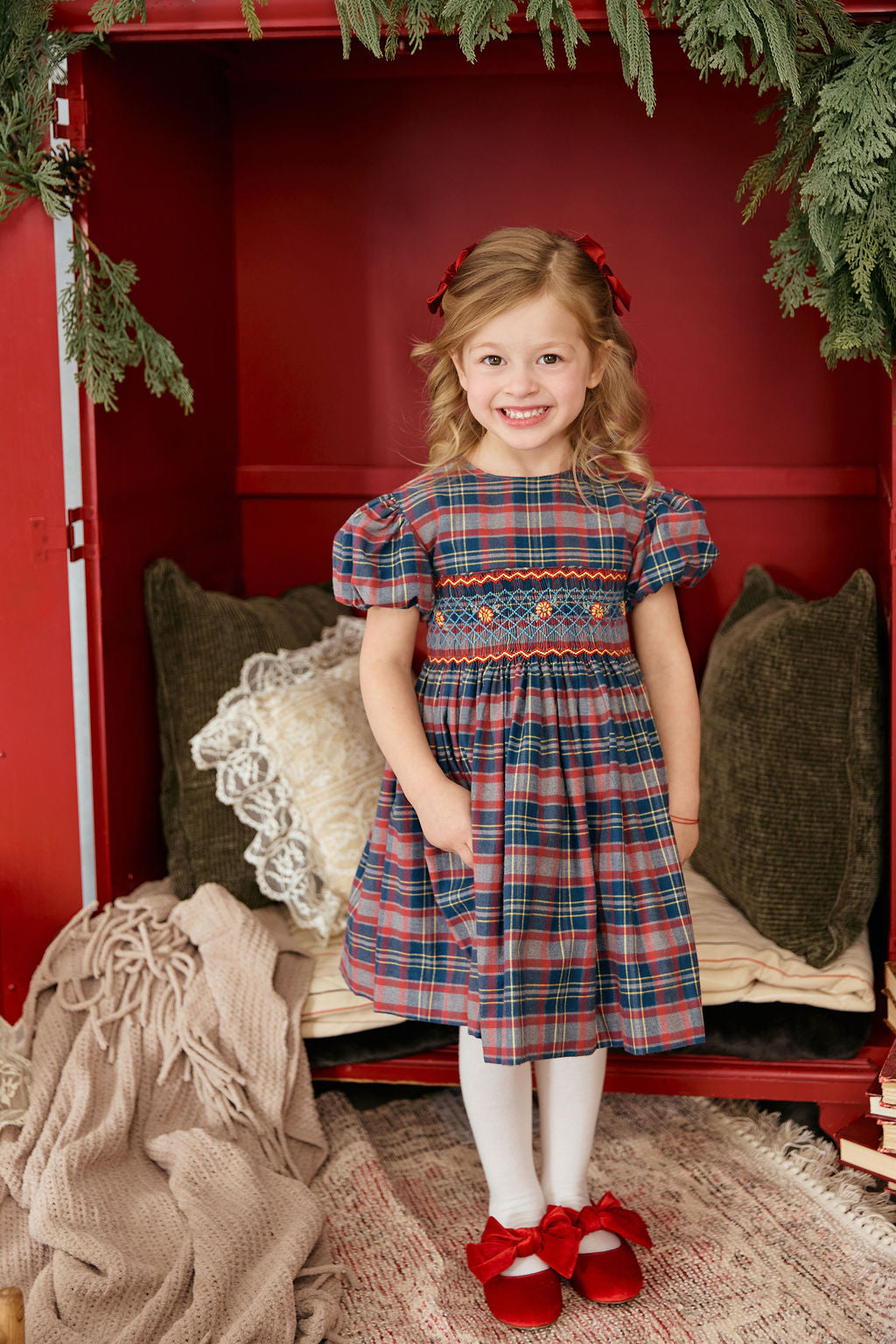 The hand smocked BELLA dress - Tartan blue red