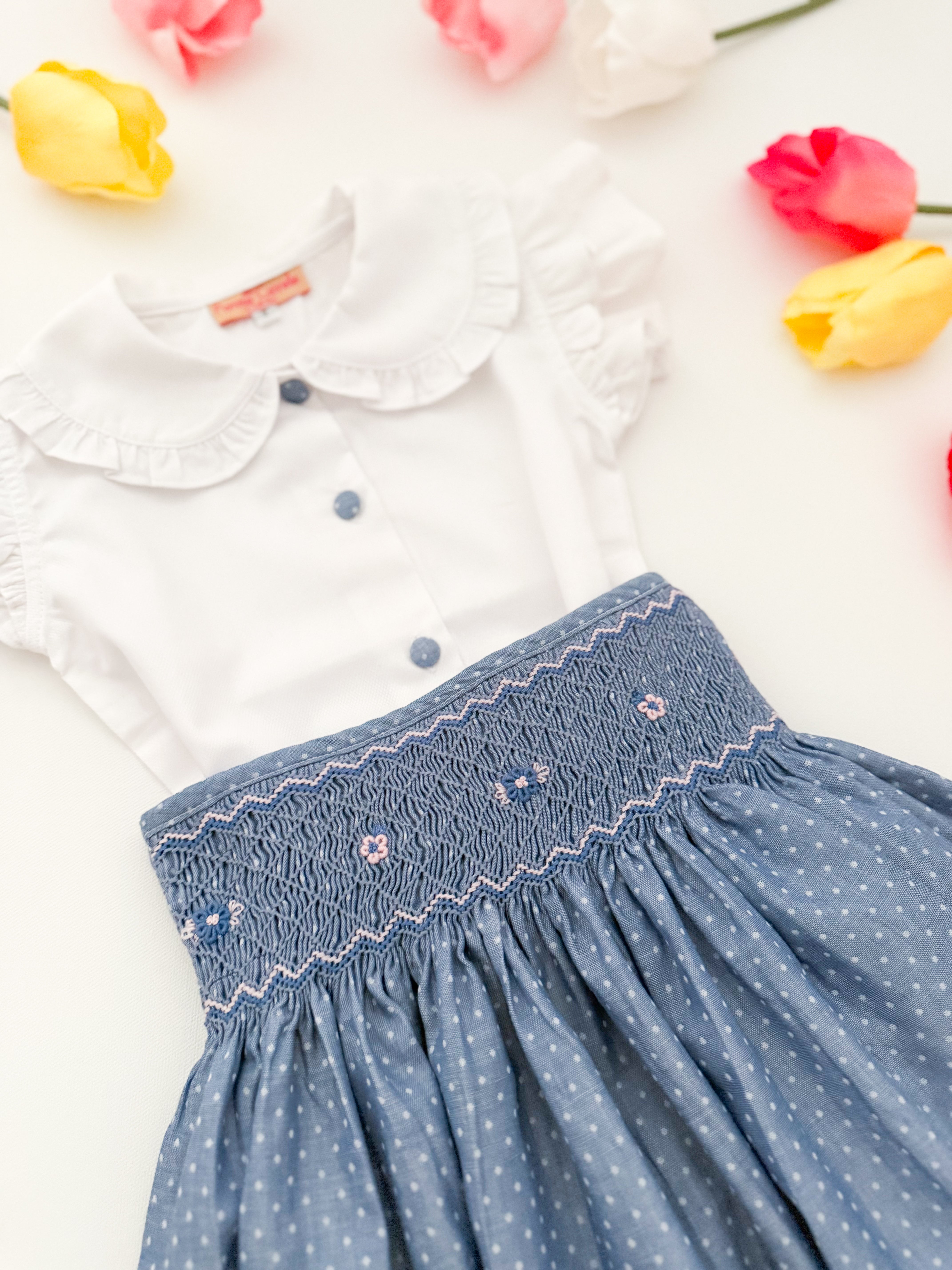 The hand smocked CALISTA set - Blue polka dots