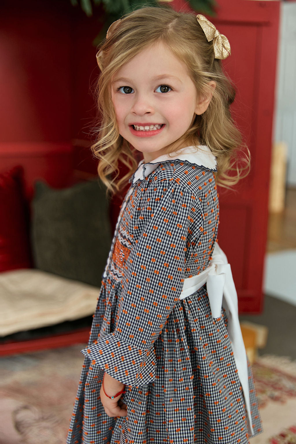 The hand smocked FLORENCE dress - Navy Check, Orange plumetis