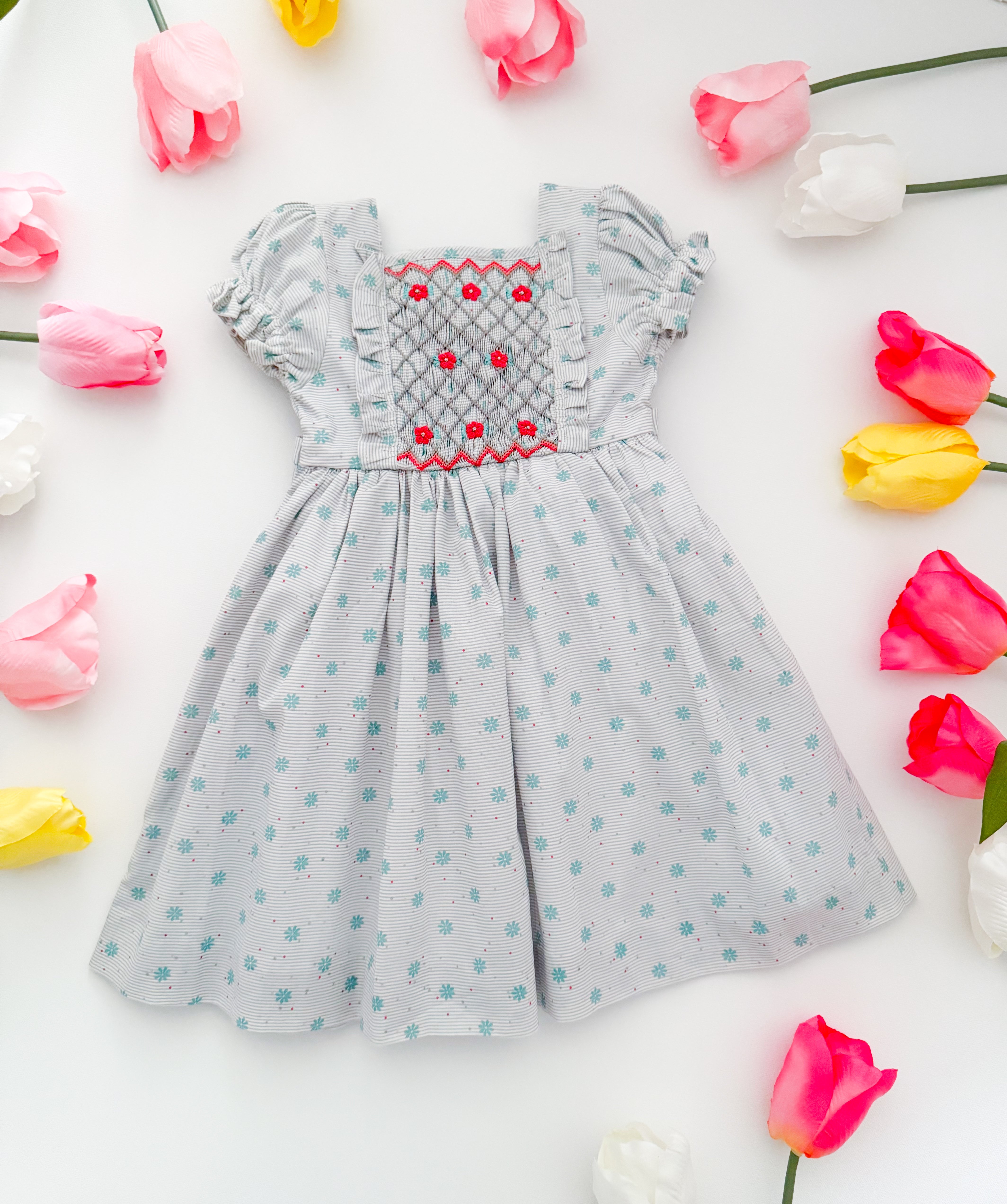 The hand smocked EMILIE dress - Floral mint