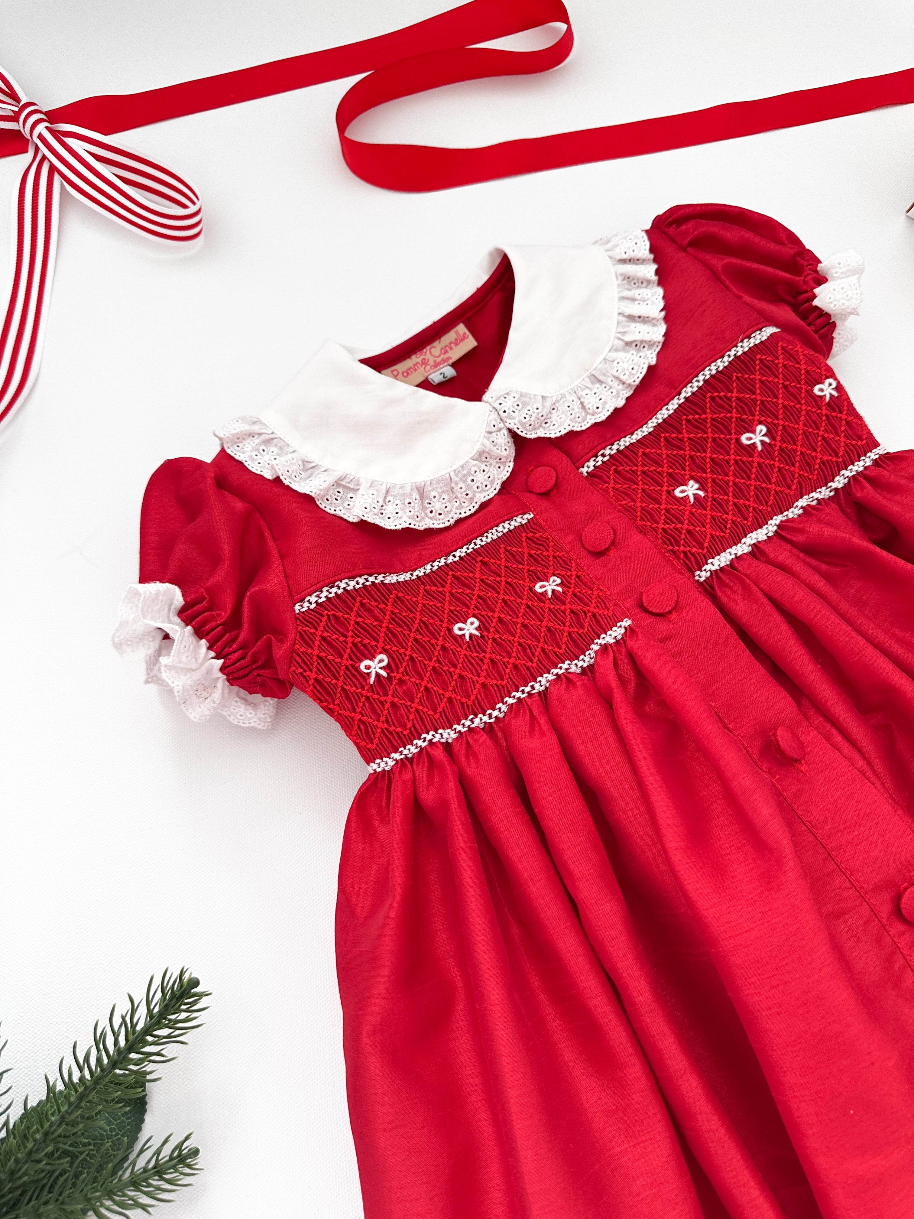The hand smocked MATHILDE dress - Red Silk