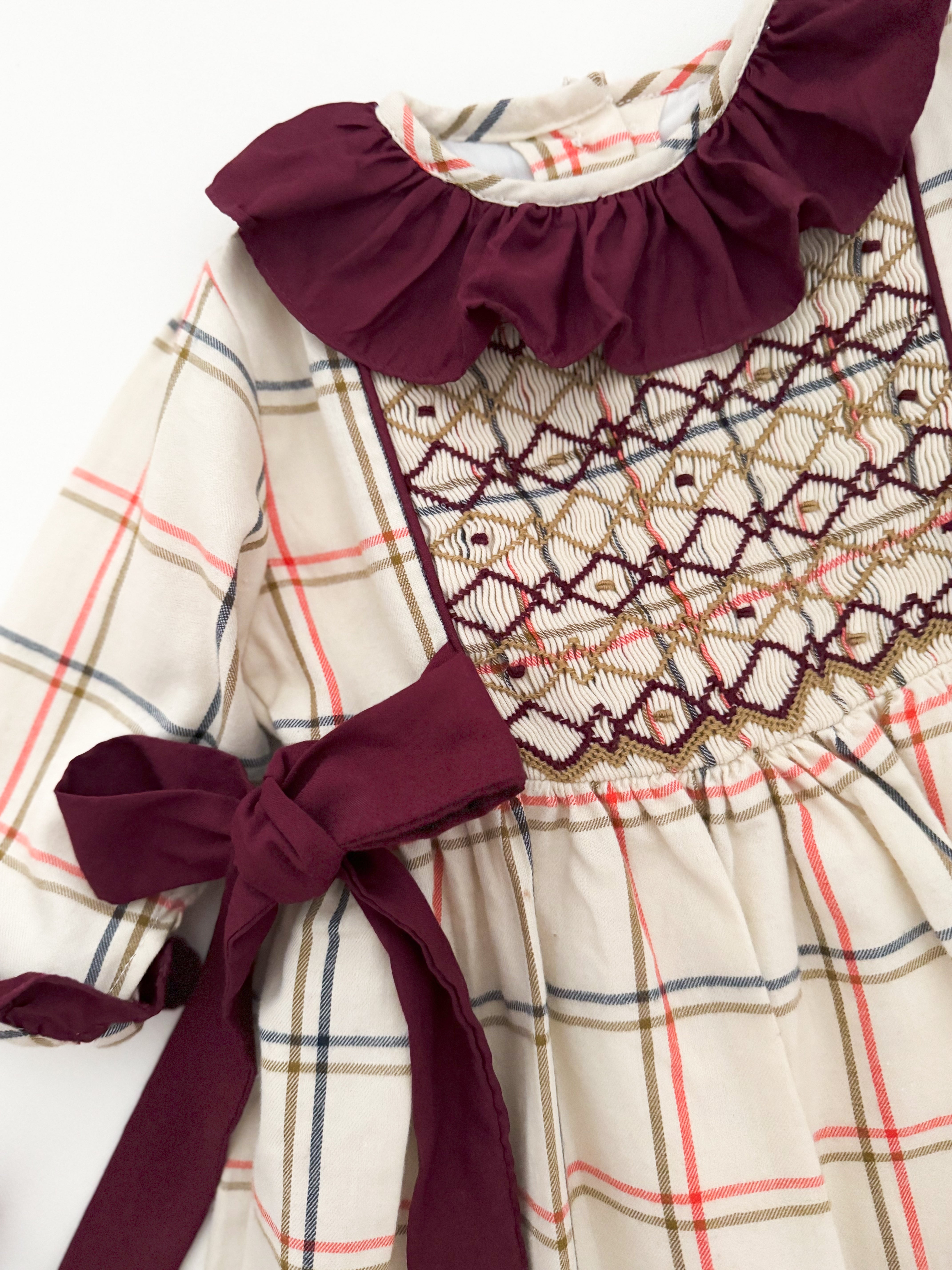 The hand smocked SERAPHINA dress - Ivory/Burgundy