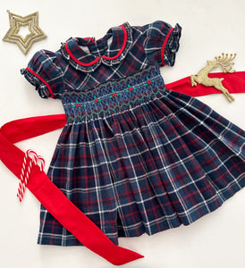 The hand smocked ABIGAIL dress - Plaid Navy and red