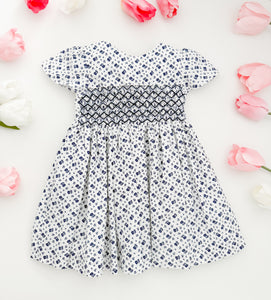 The hand smocked FLAVIE dress - White navy floral