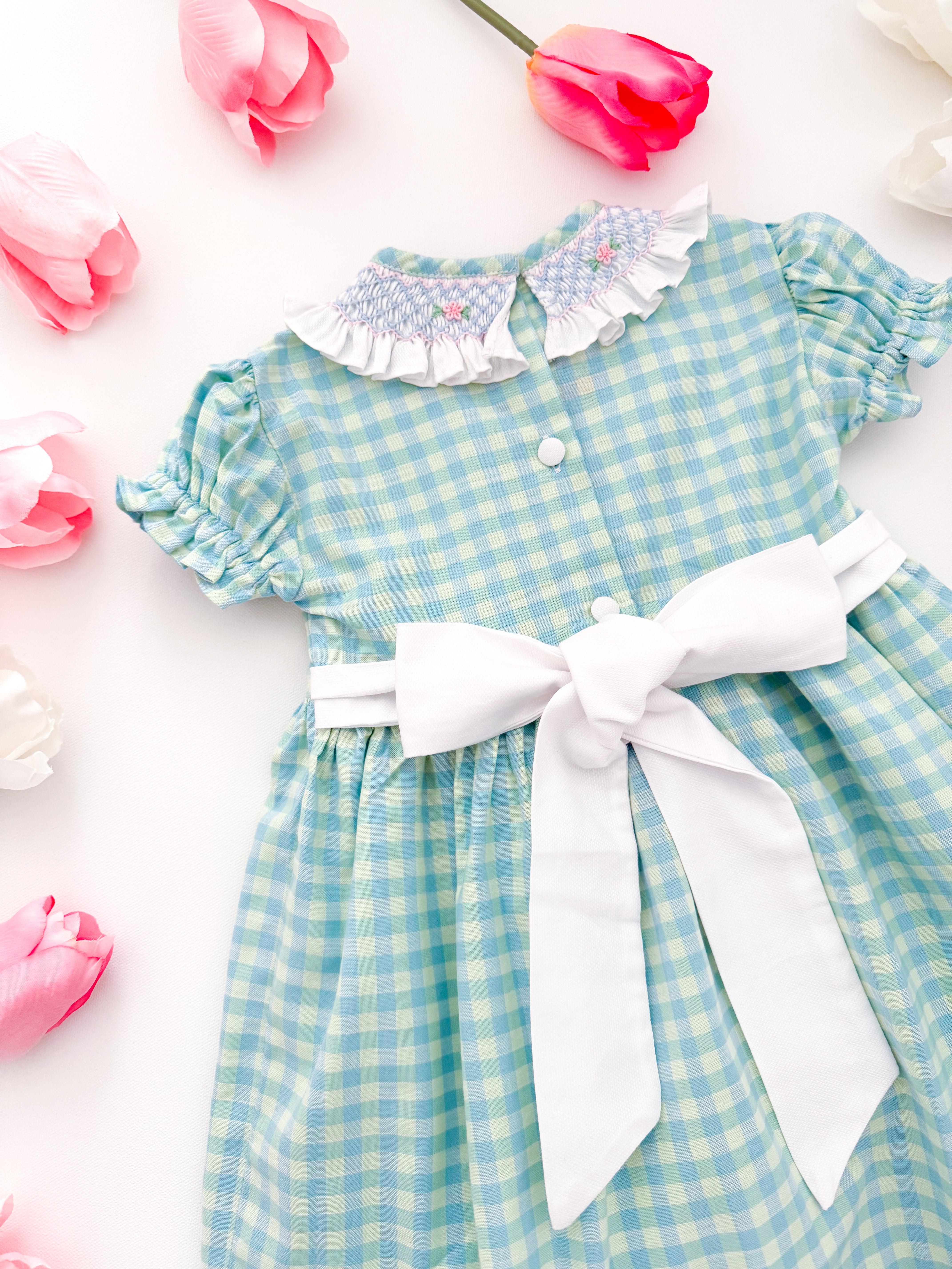 The hand smocked FAUSTINE dress - Vichy blue mint