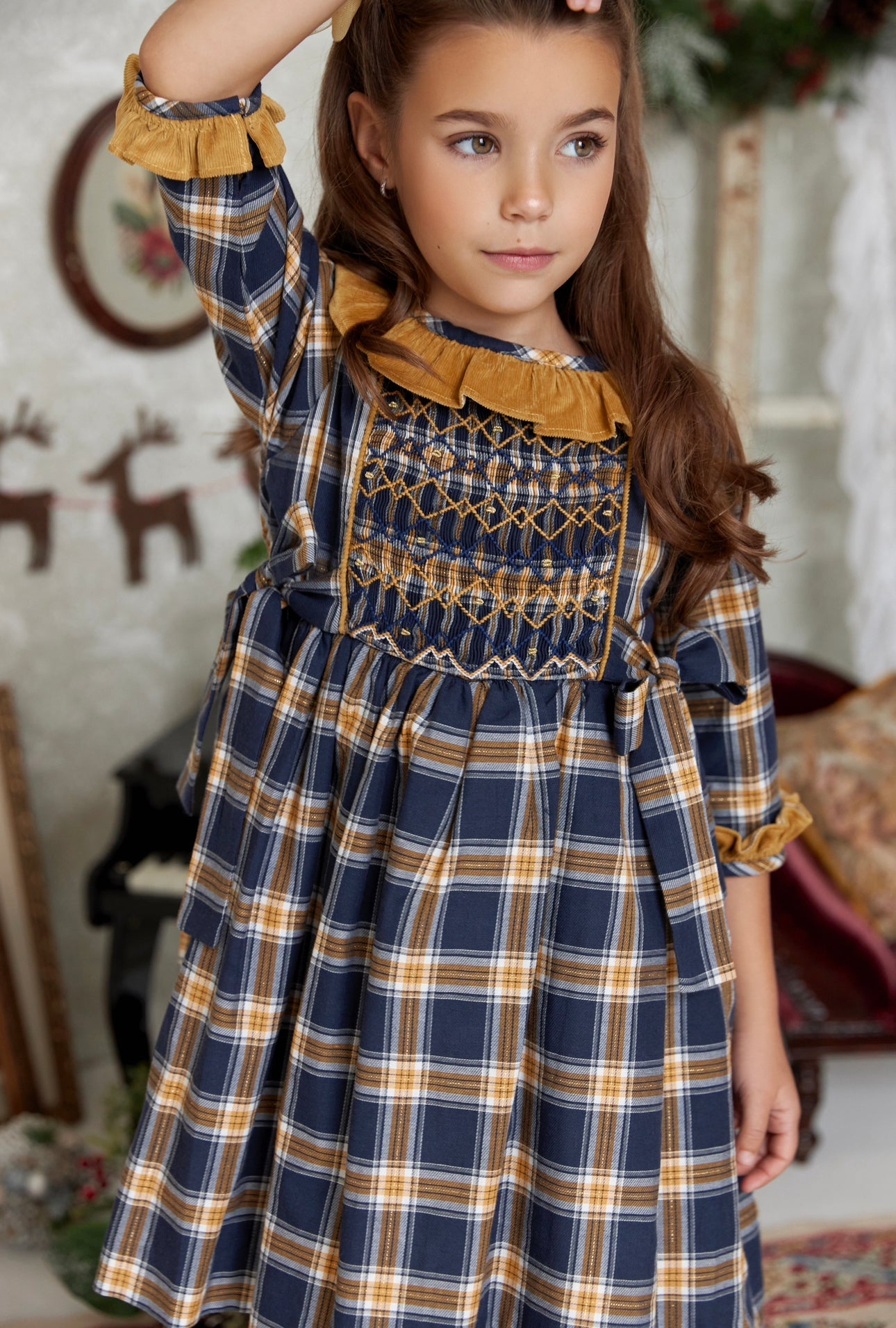 ** SECONDS SALE ** The hand smocked SERAPHINA dress - Tartan Blue and Yellow velvet