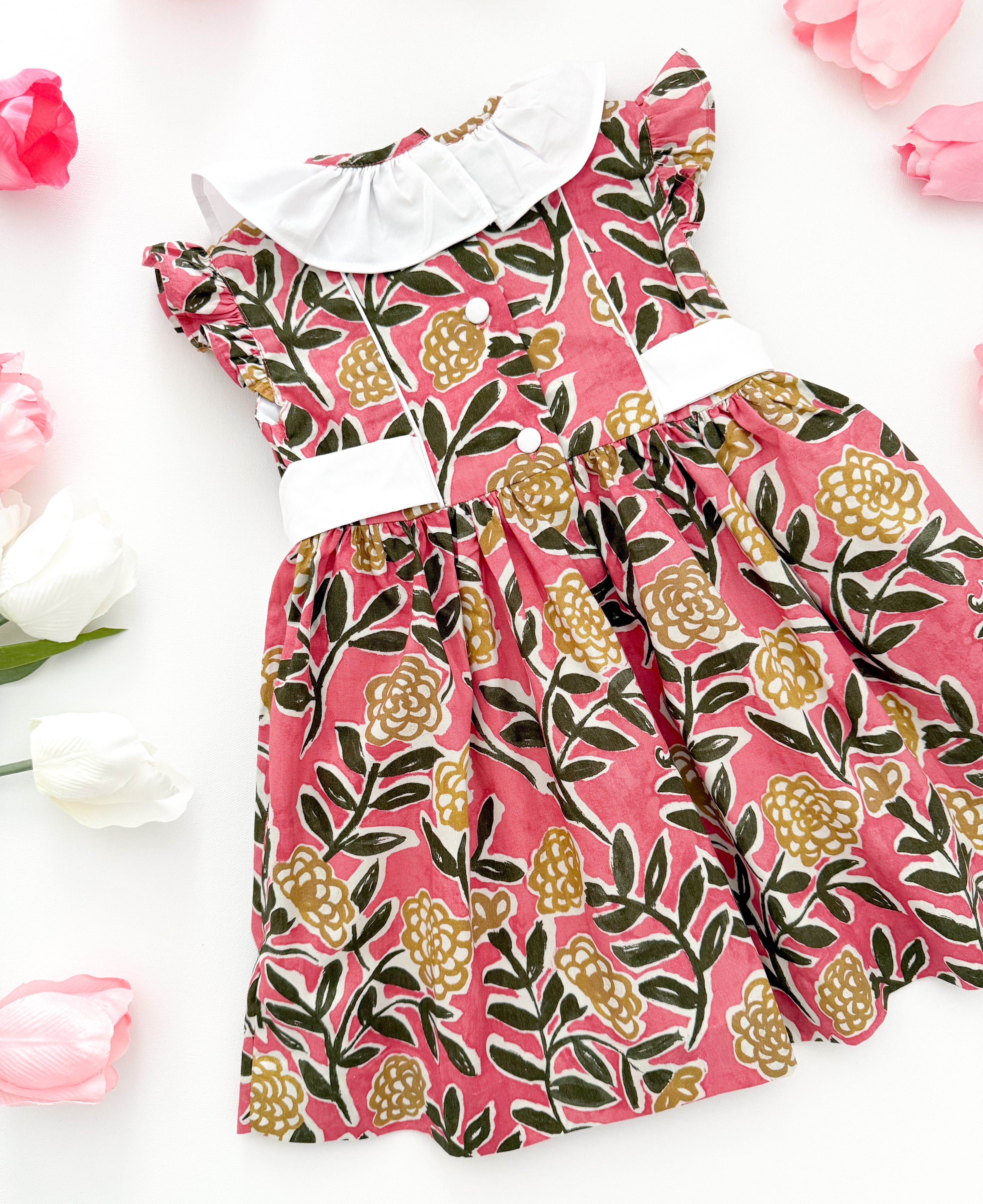 The hand smocked SERAPHINA dress - Floral pink yellow