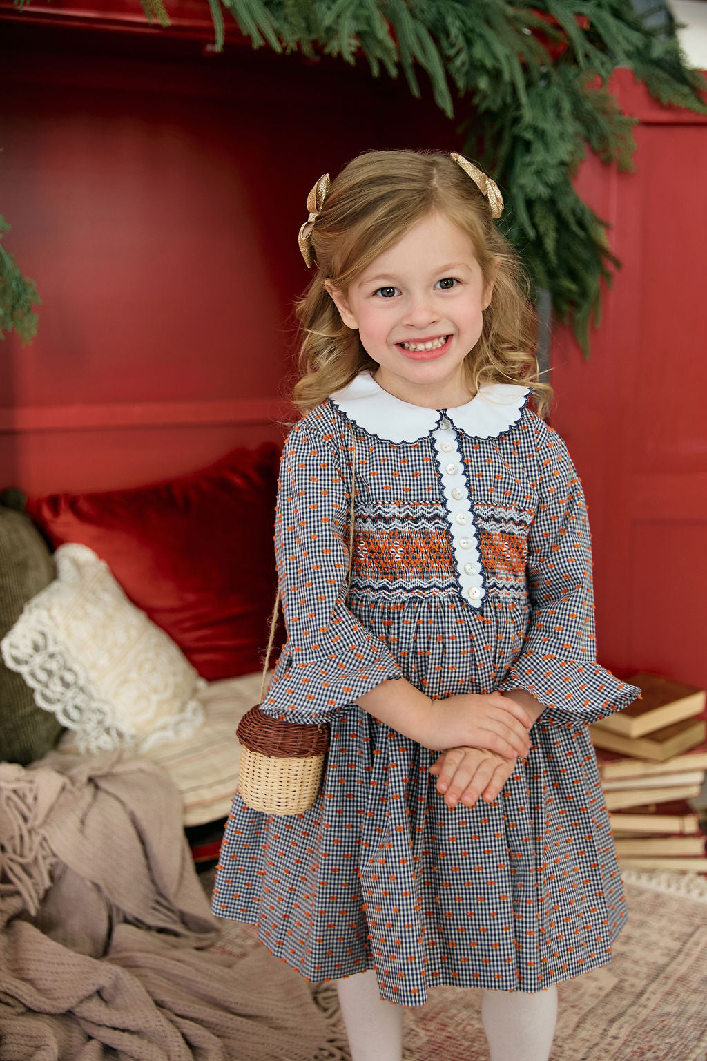 The hand smocked FLORENCE dress - Navy Check, Orange plumetis