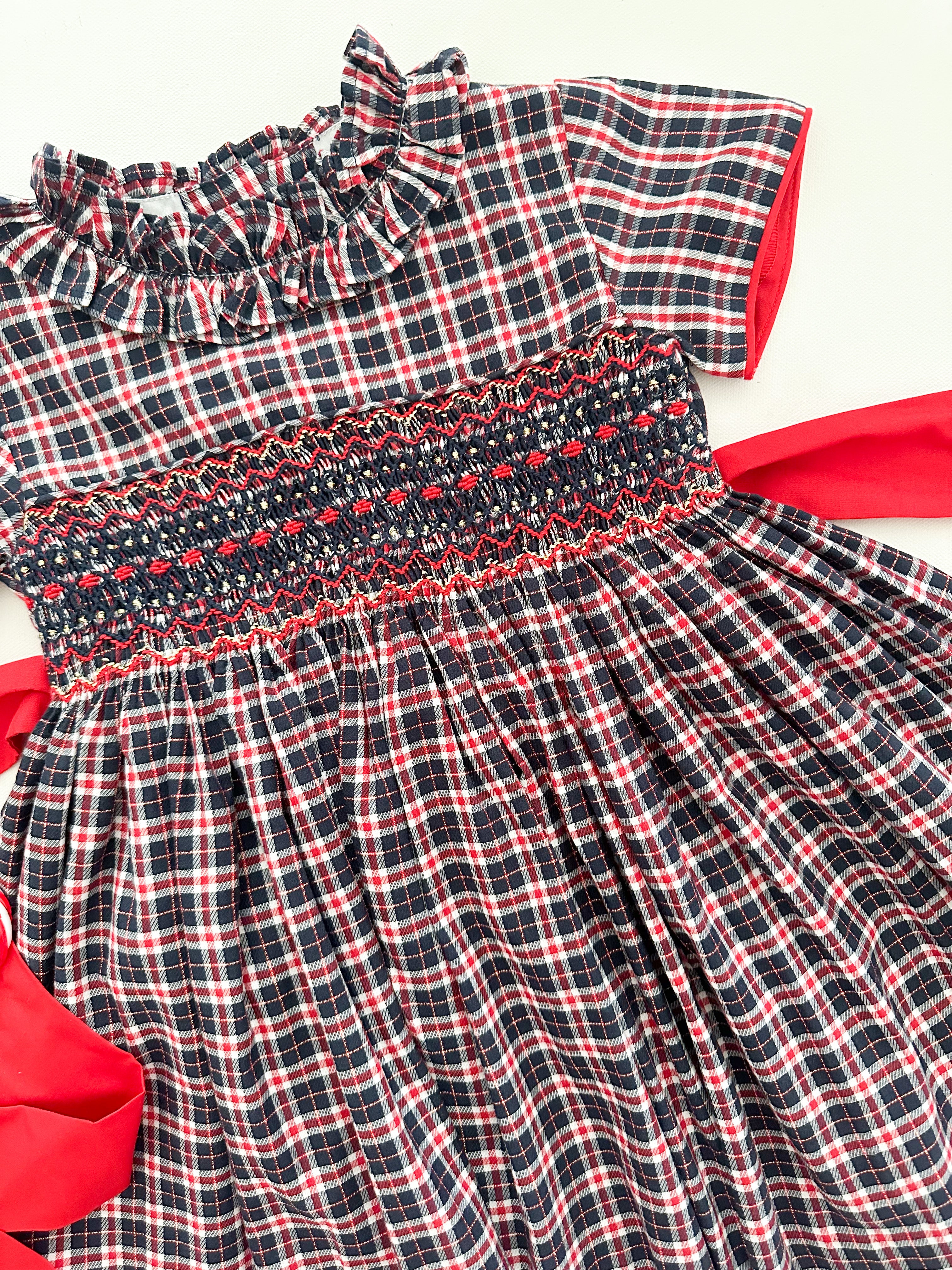 The hand smocked AMANDA dress - Tartan Navy and red