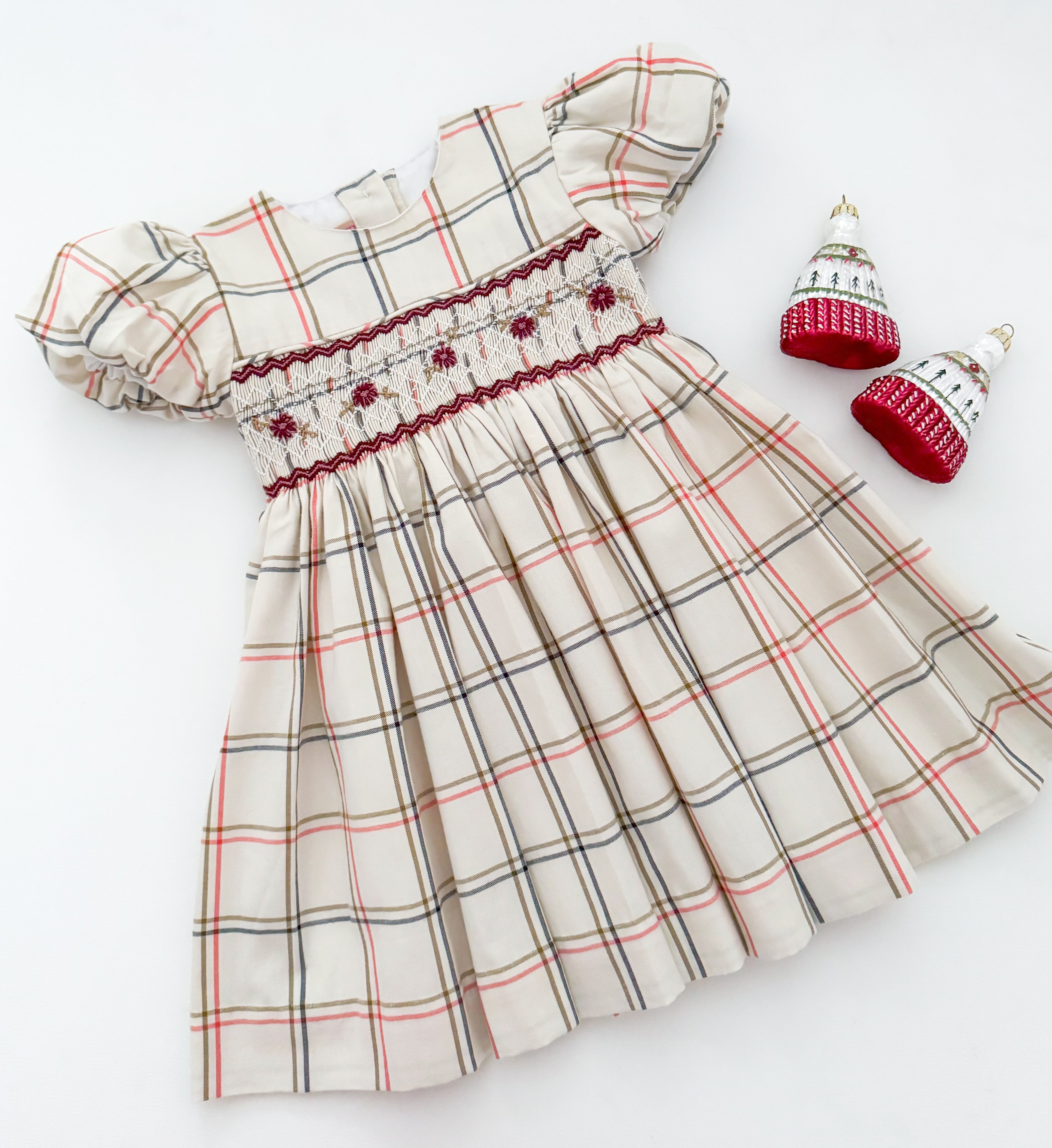 The hand smocked BELLA dress - Ivory/burgundy