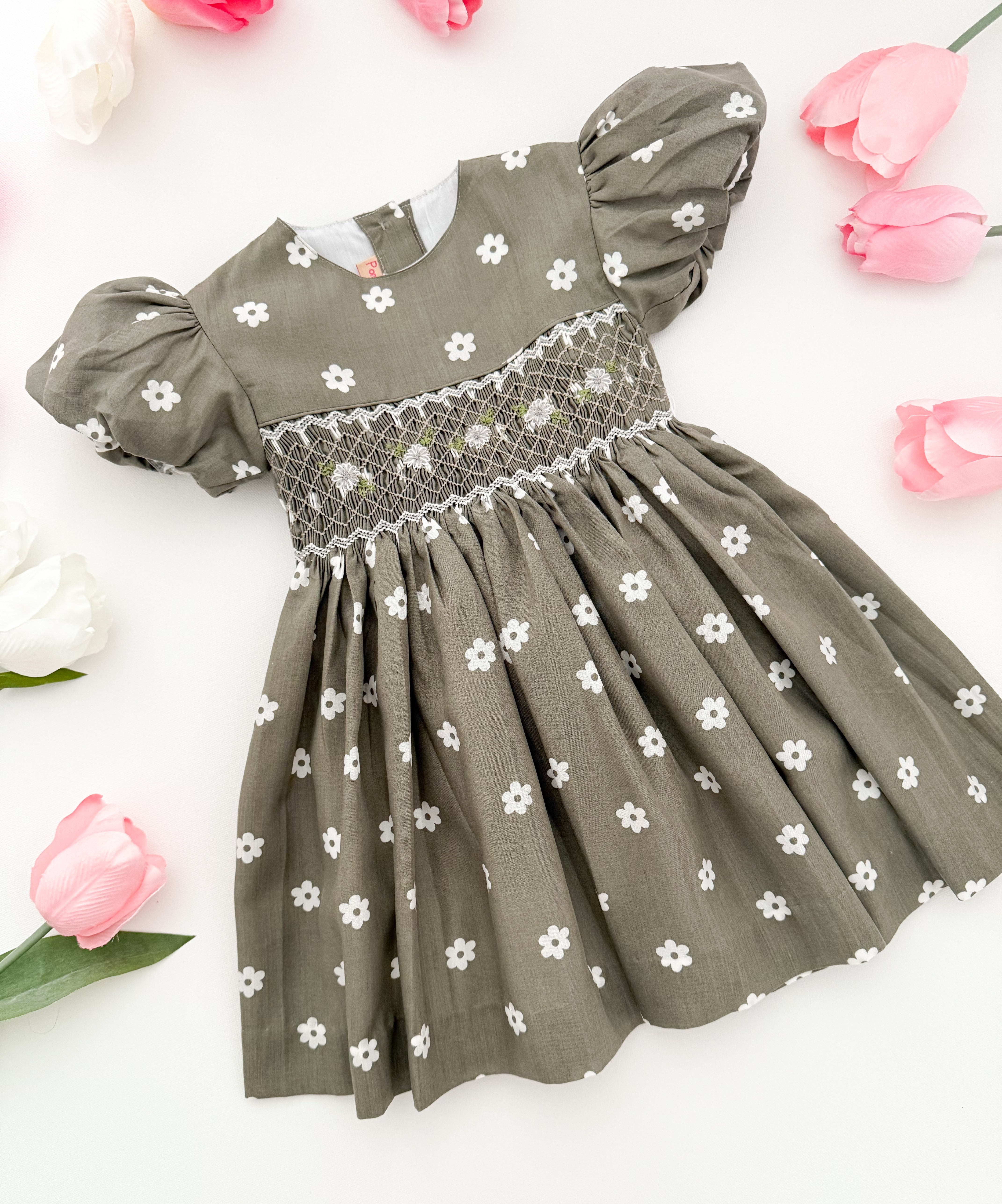The hand smocked BELLA dress - Green Olive