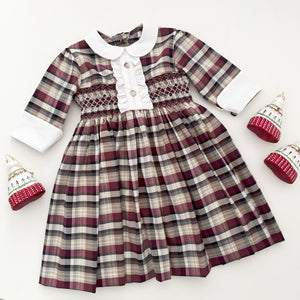 The hand smocked CLAIRE dress - Burgundy/Grey