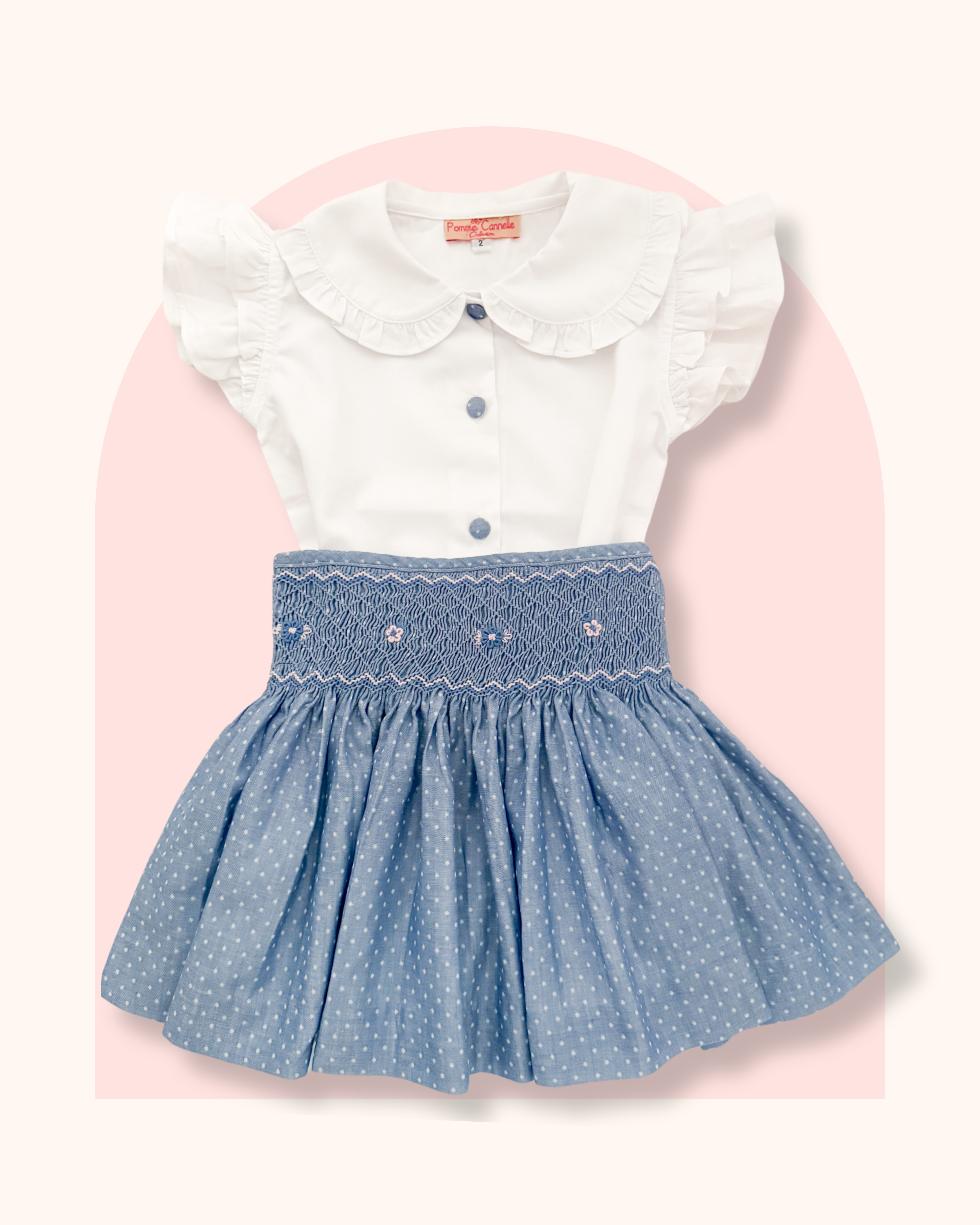 The hand smocked CALISTA set - Blue polka dots