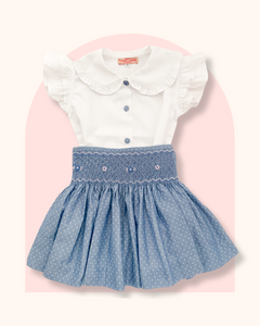 The hand smocked CALISTA set - Blue polka dots