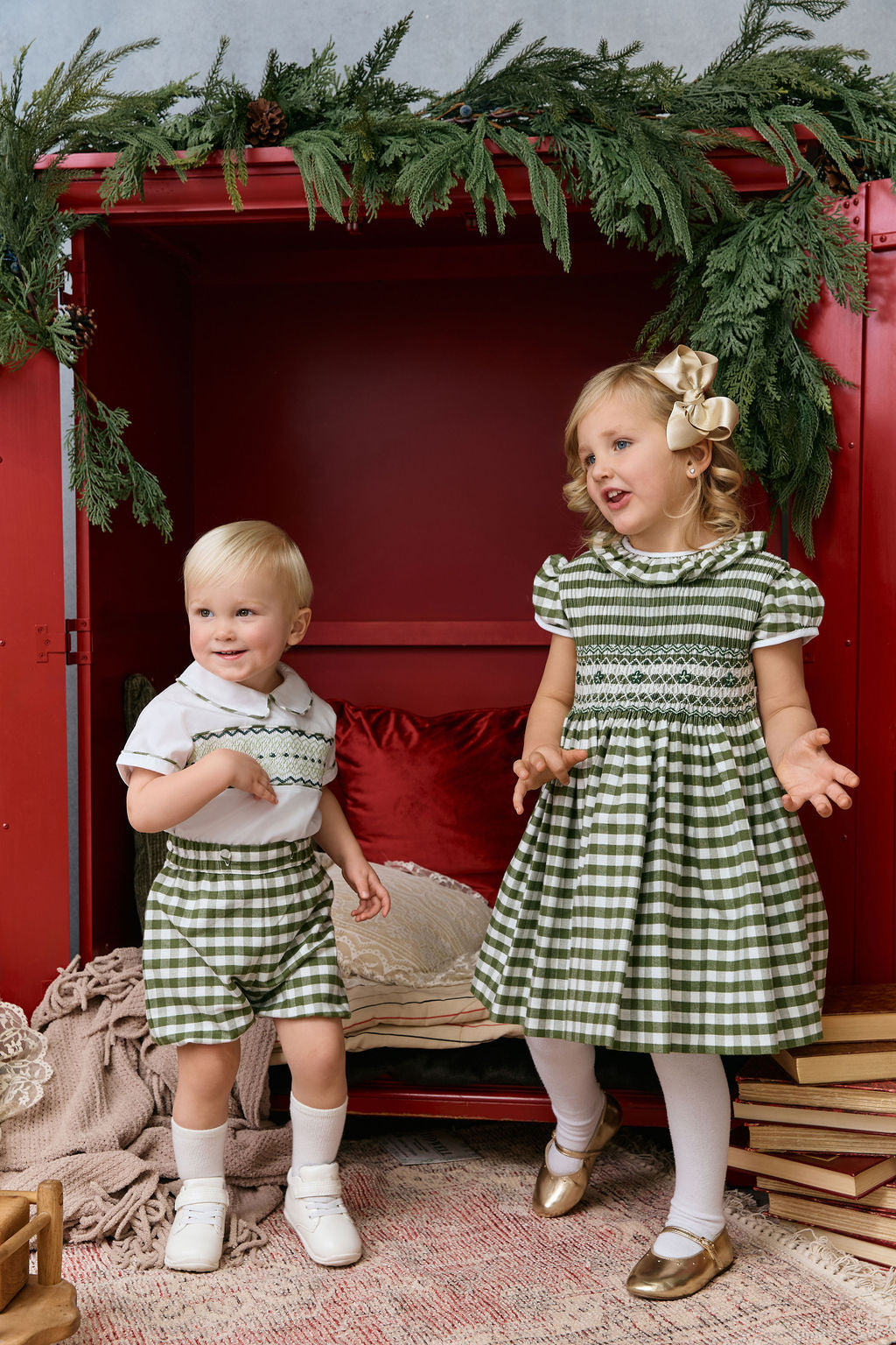 The hand smocked BENEDICTE dress - in green and white